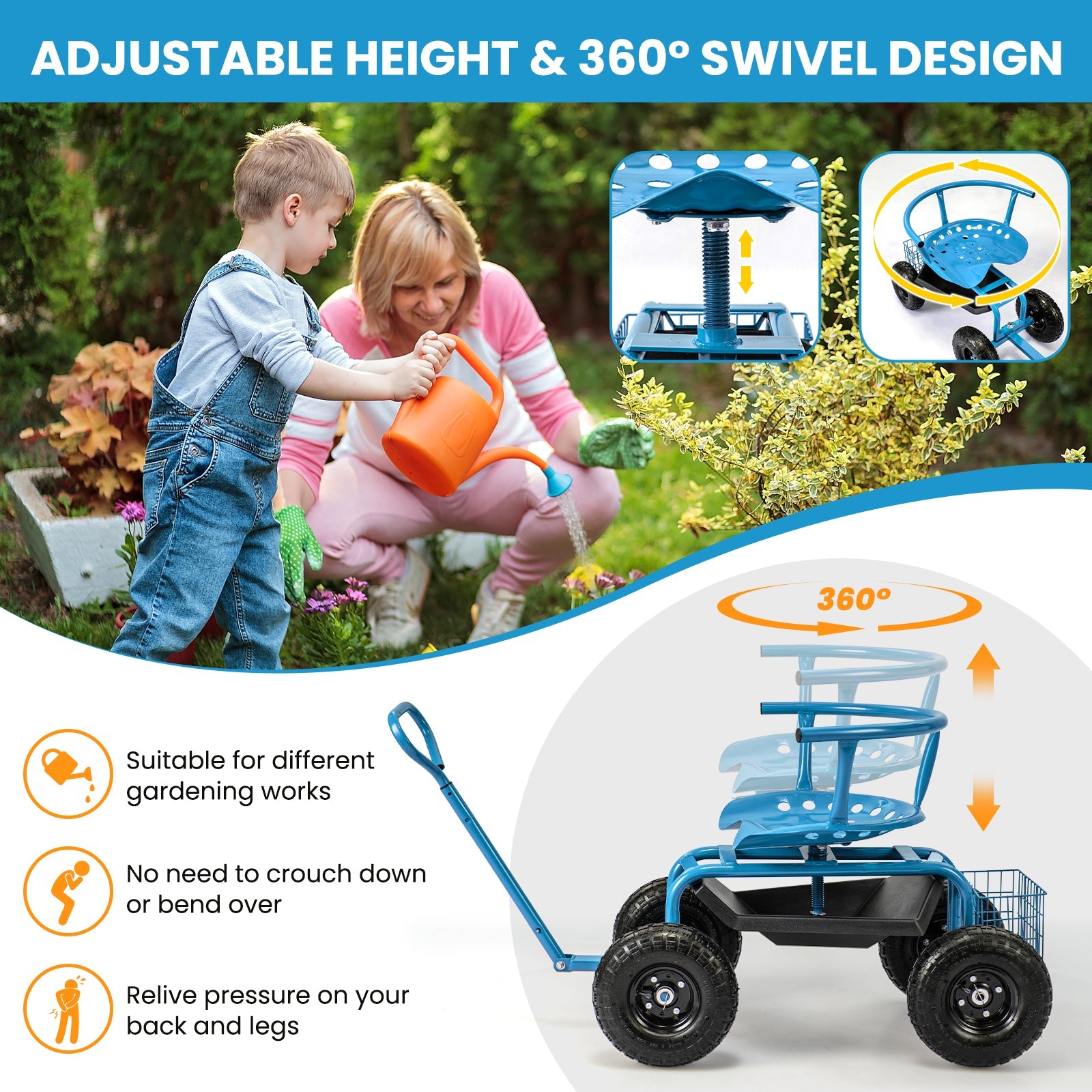 Cushioned Rolling Garden Cart Scooter with Storage Basket and Tool Pouch-Blue