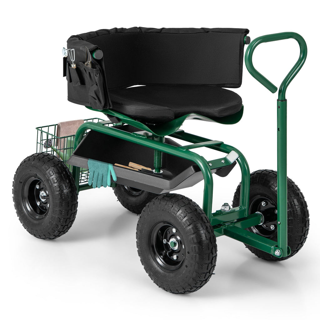 Cushioned Rolling Garden Cart Scooter with Storage Basket and Tool Pouch-Green