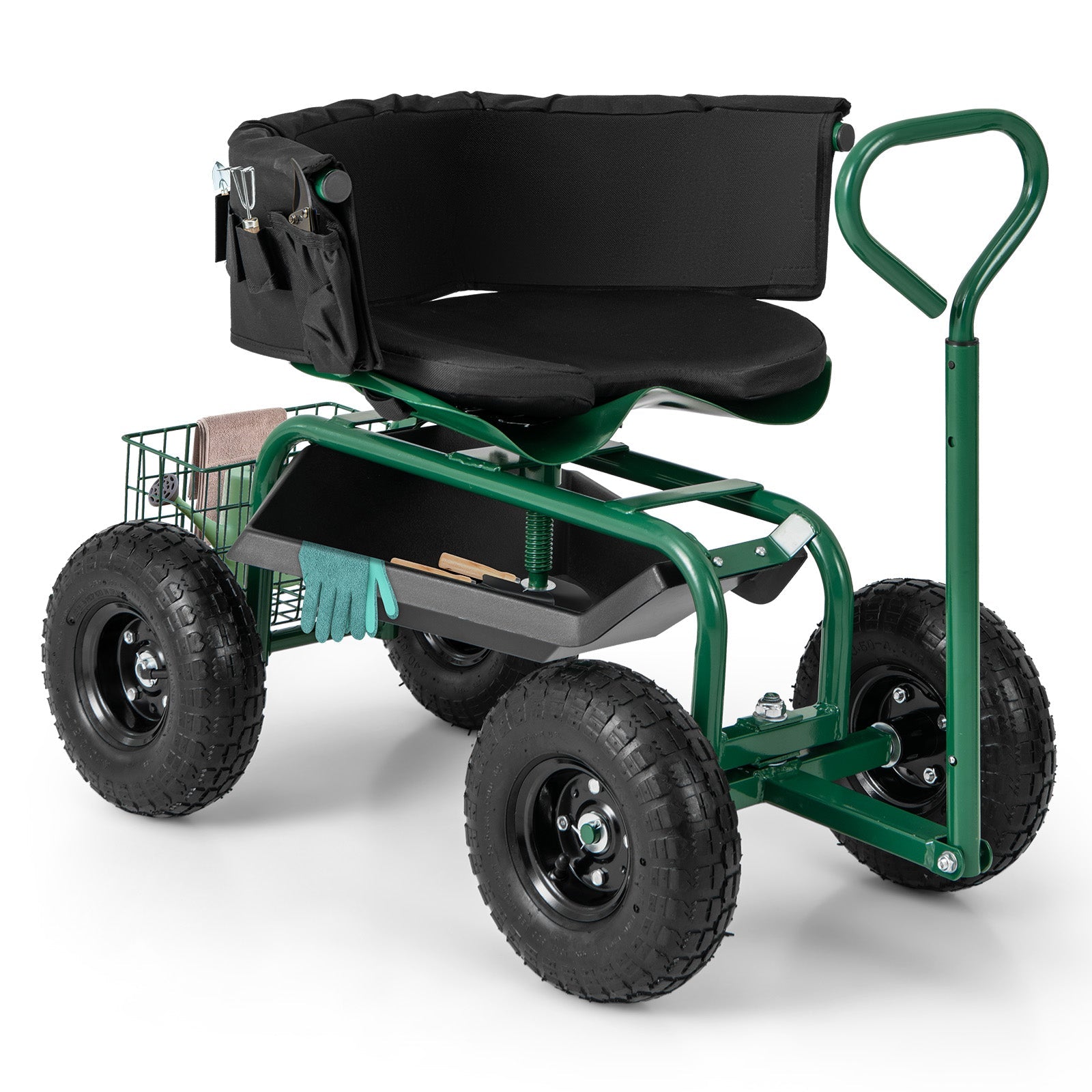 Cushioned Rolling Garden Cart Scooter with Storage Basket and Tool Pouch-Green