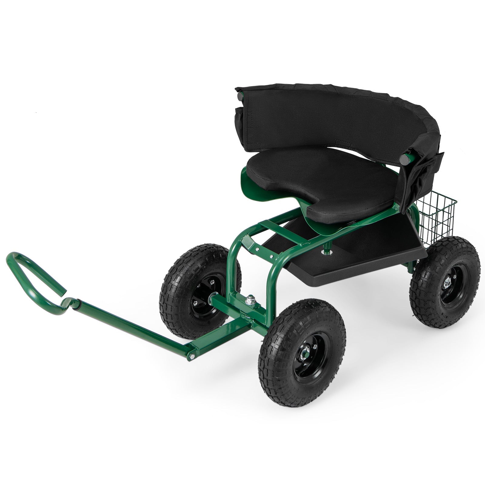 Cushioned Rolling Garden Cart Scooter with Storage Basket and Tool Pouch-Green