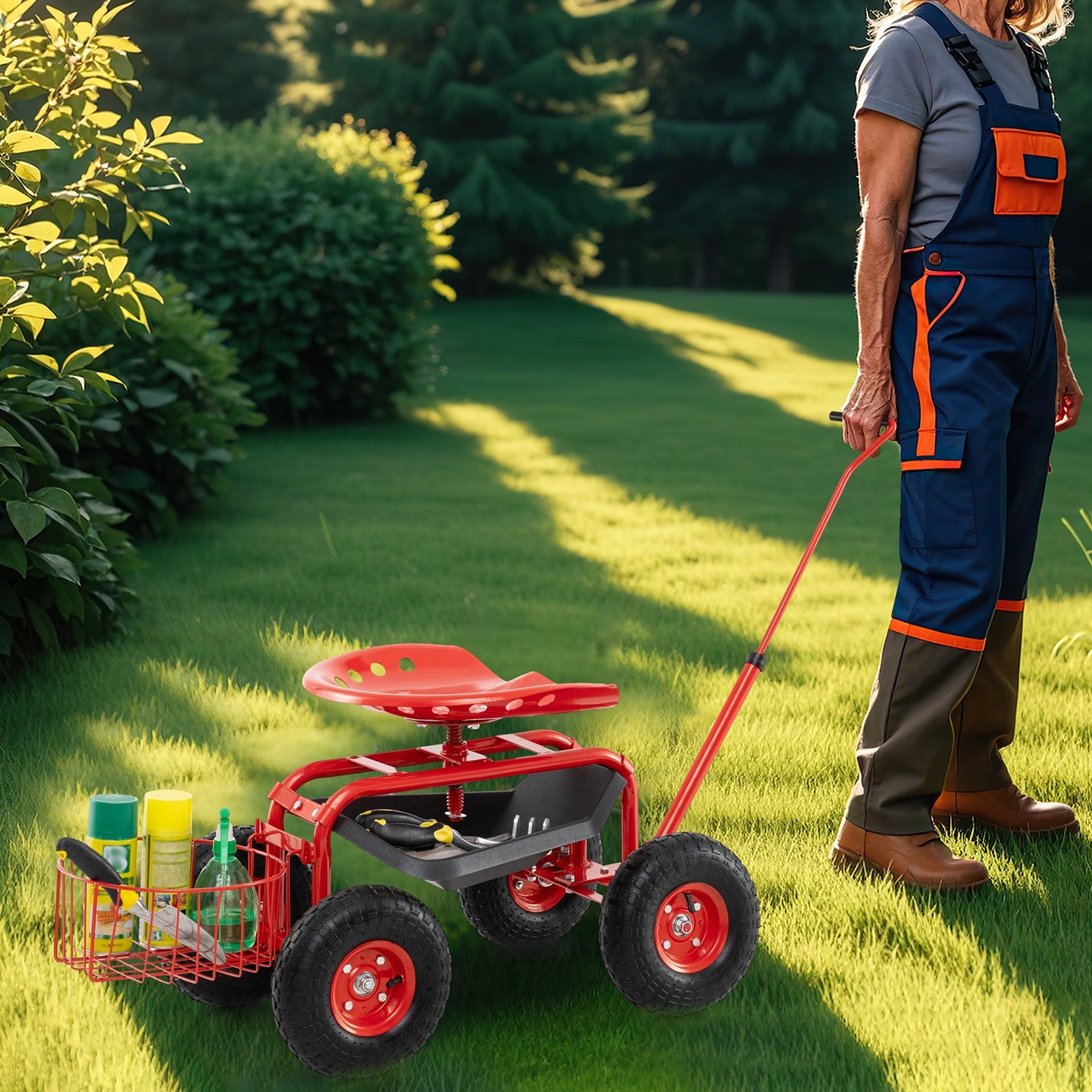Extendable Handle Garden Cart Rolling Wagon Scooter-Red