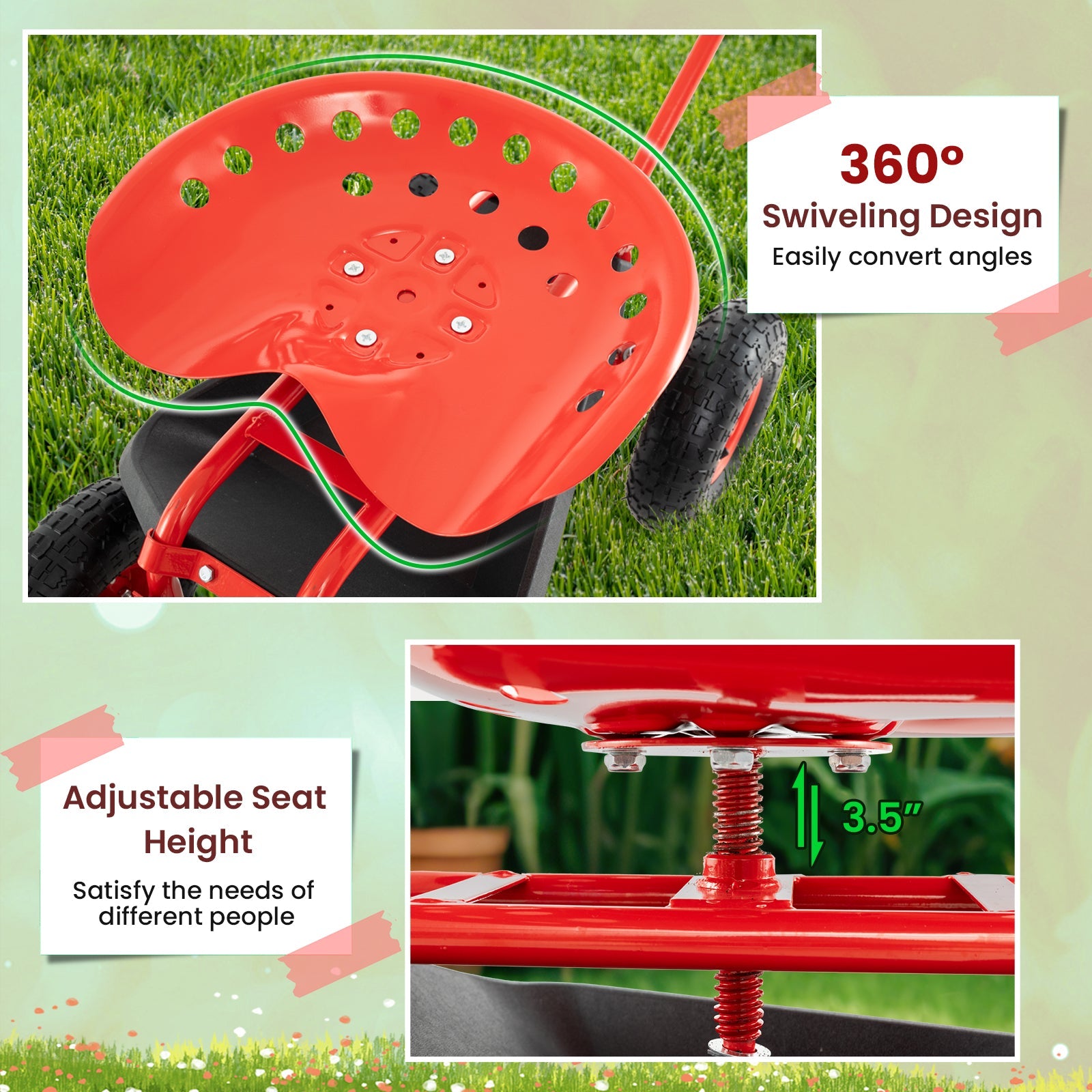 Extendable Handle Garden Cart Rolling Wagon Scooter-Red