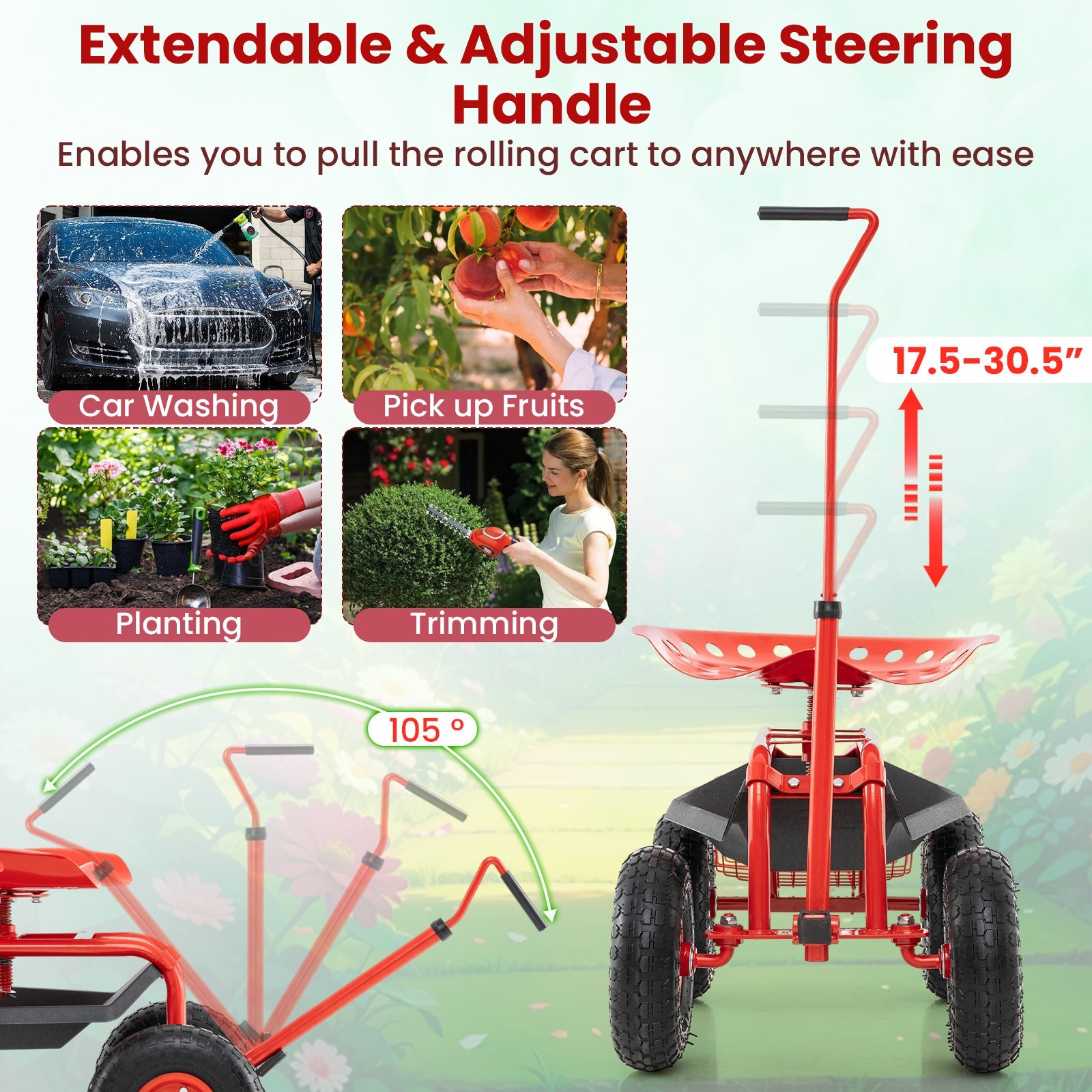 Extendable Handle Garden Cart Rolling Wagon Scooter-Red