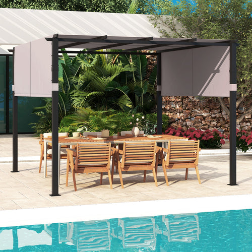 10 x 10 ft Flat Top Pergola with Retractable Canopy for Garden Pool Porch and Backyard-Gray