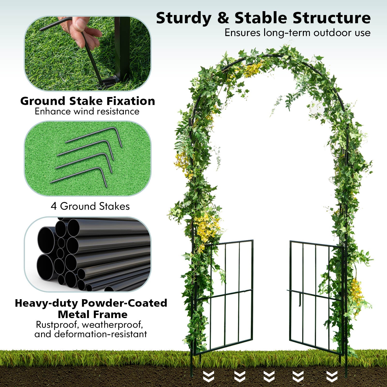 Garden Arch Arbor Trellis with Gate Patio Plant Stand Archway-Black
