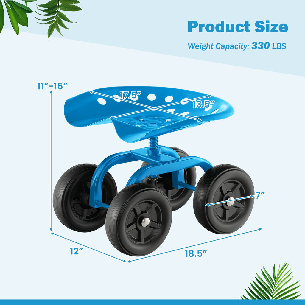 Garden Rolling Workseat with 360° Swivel Seat and Adjustable Height-Blue