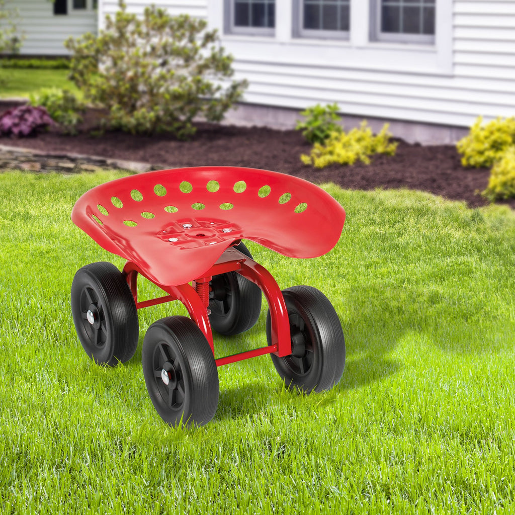 Garden Rolling Workseat with 360° Swivel Seat and Adjustable Height-Red