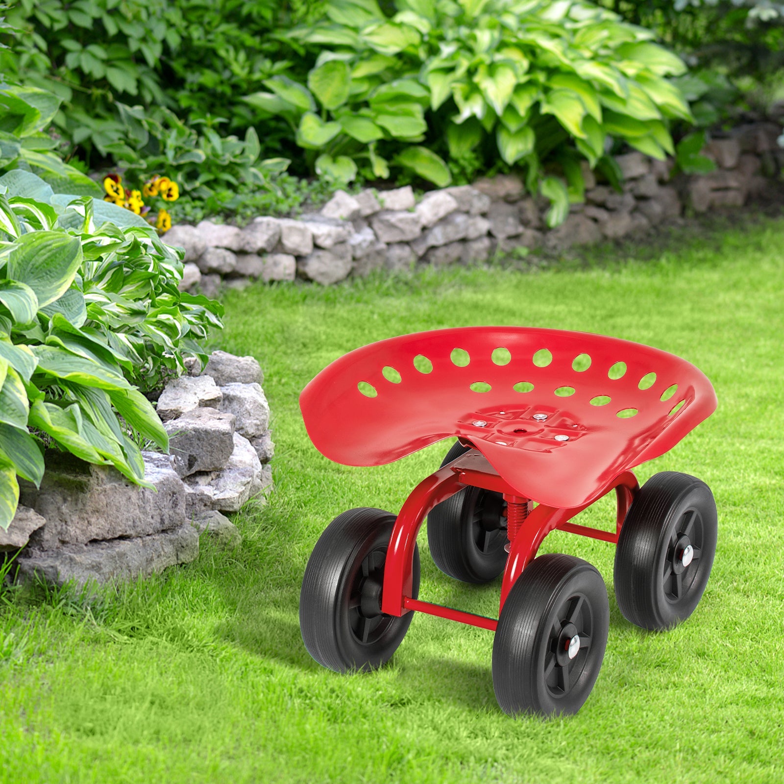 Garden Rolling Workseat with 360° Swivel Seat and Adjustable Height-Red