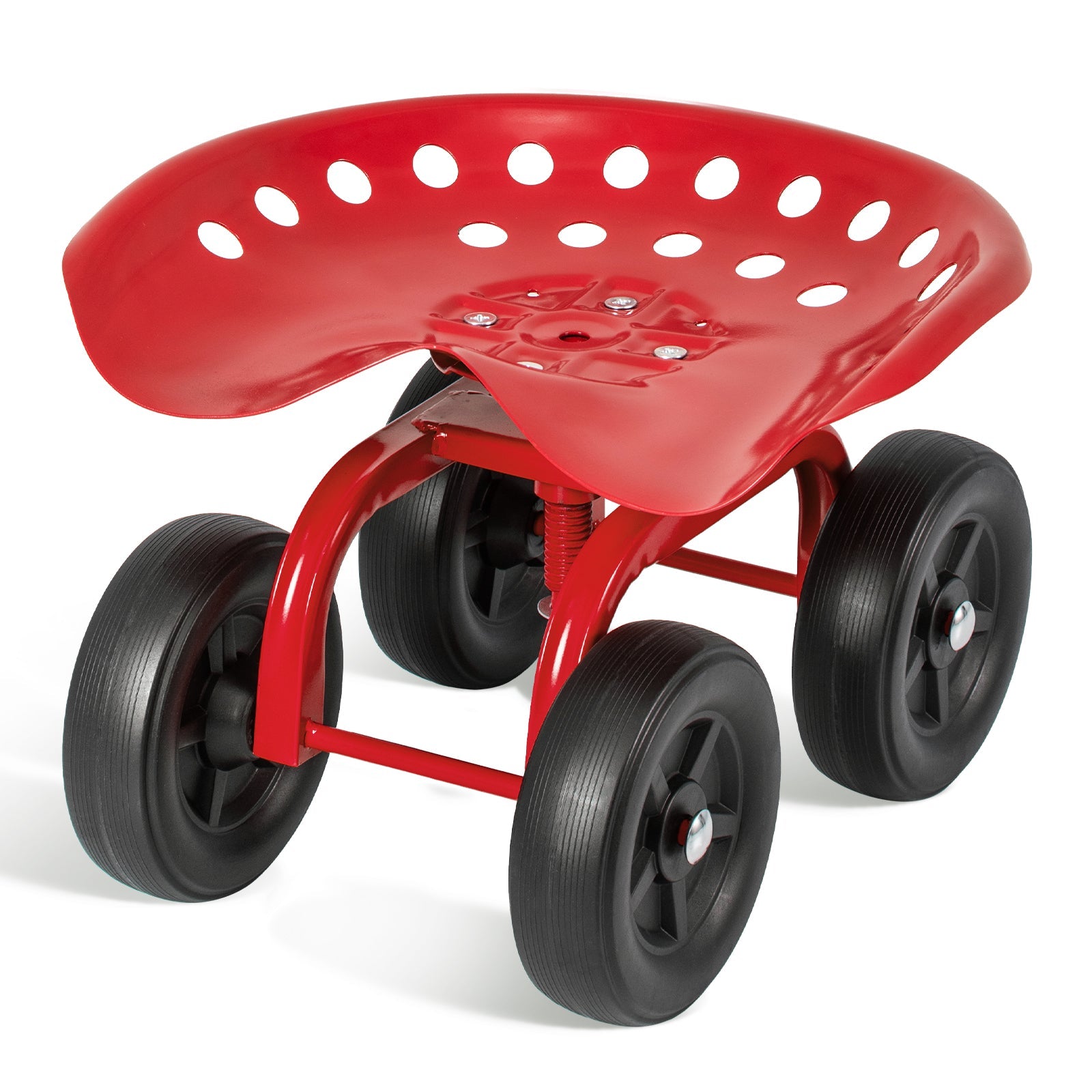 Garden Rolling Workseat with 360° Swivel Seat and Adjustable Height-Red