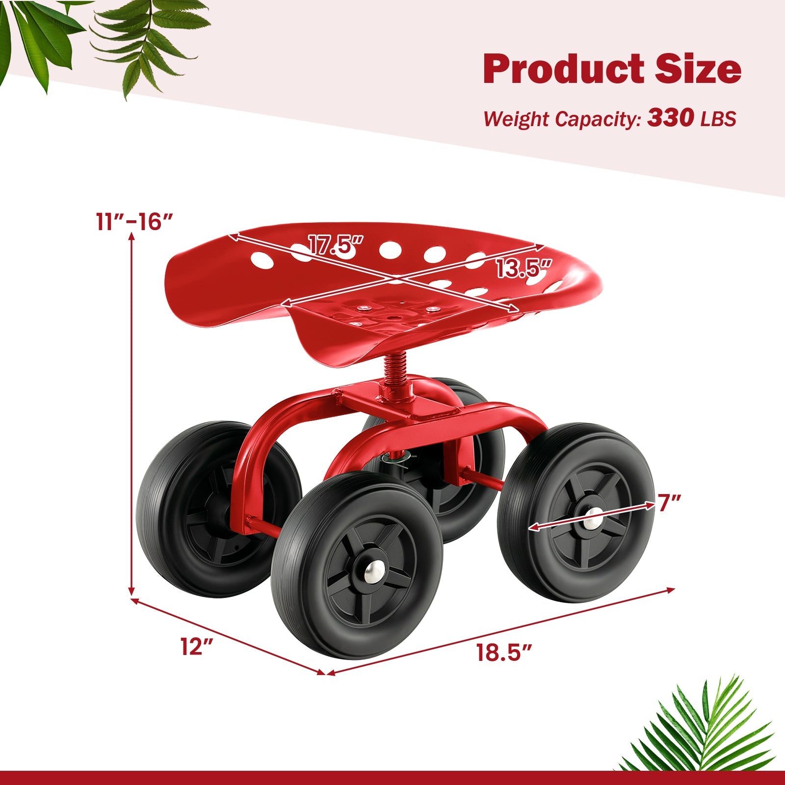 Garden Rolling Workseat with 360° Swivel Seat and Adjustable Height-Red