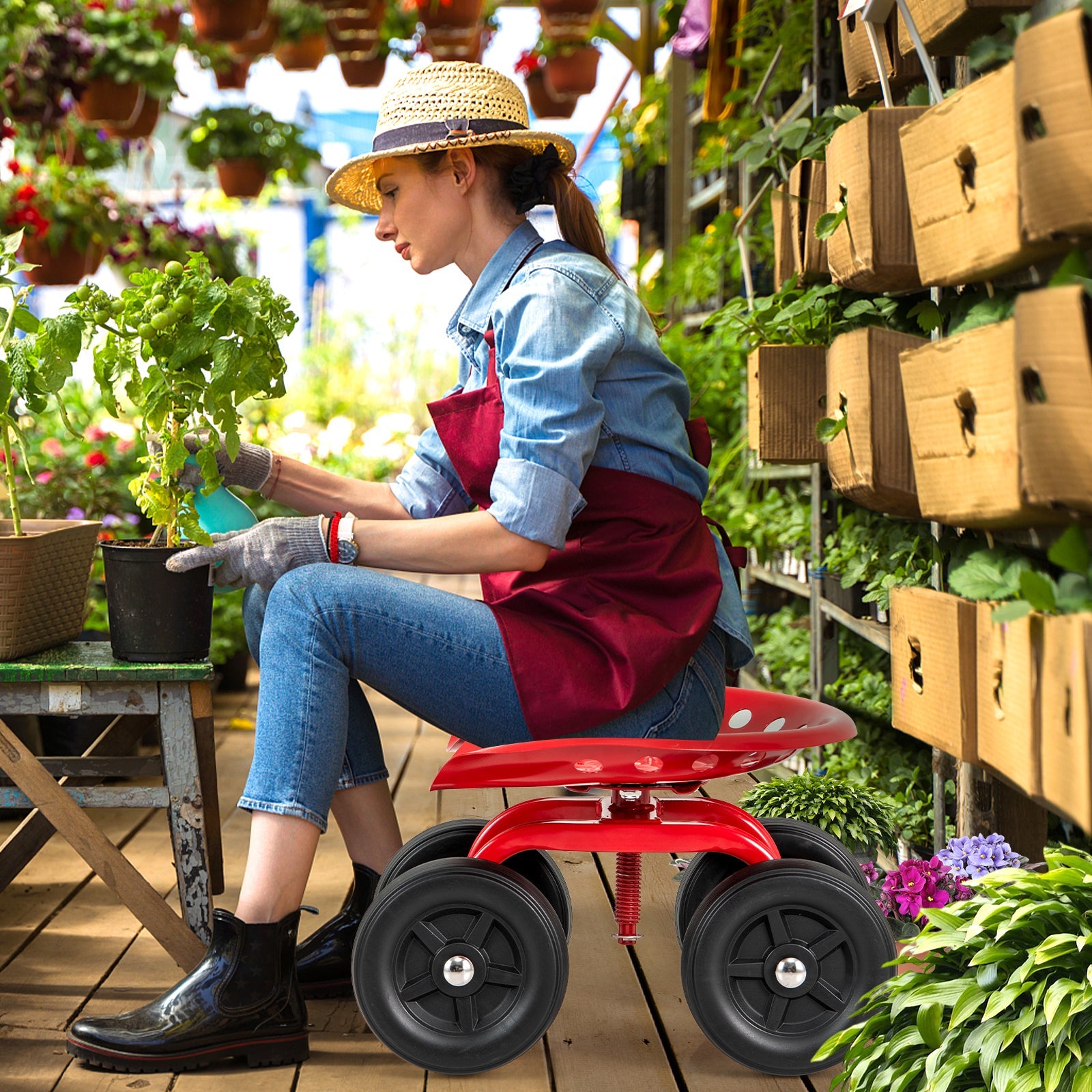 Garden Rolling Workseat with 360° Swivel Seat and Adjustable Height-Red