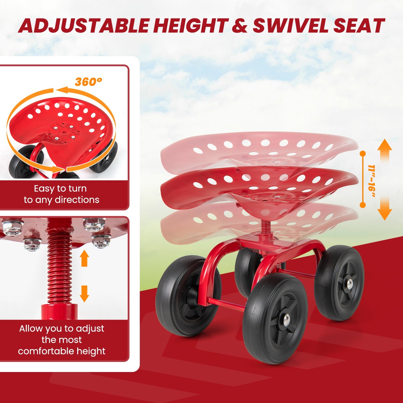 Garden Rolling Workseat with 360° Swivel Seat and Adjustable Height-Red