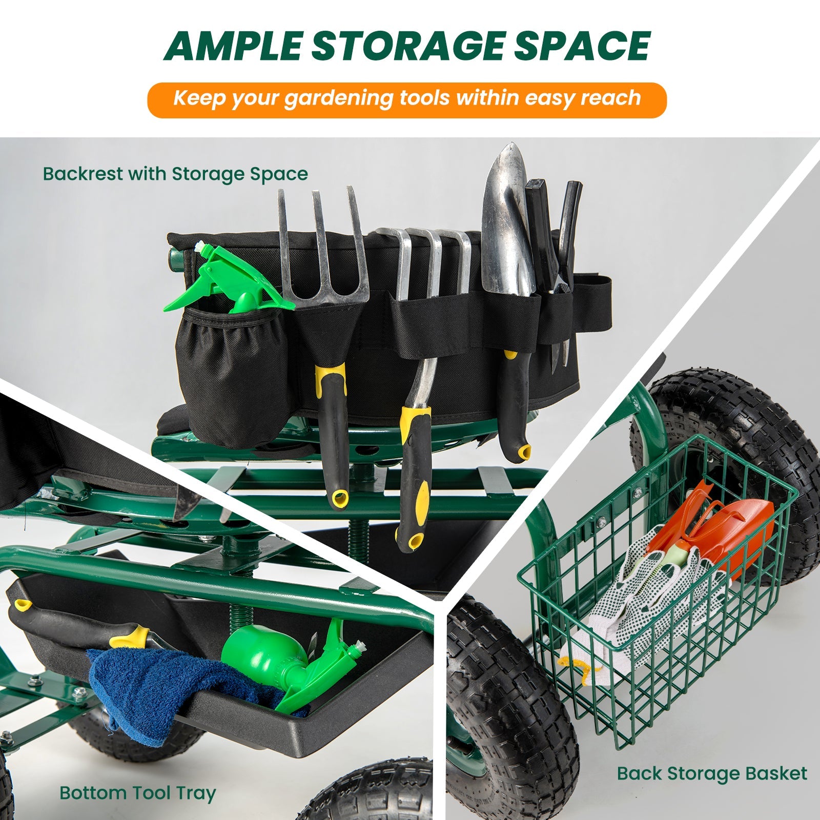 Rolling Garden Cart with Height Adjustable Swivel Seat and Storage Basket-Green