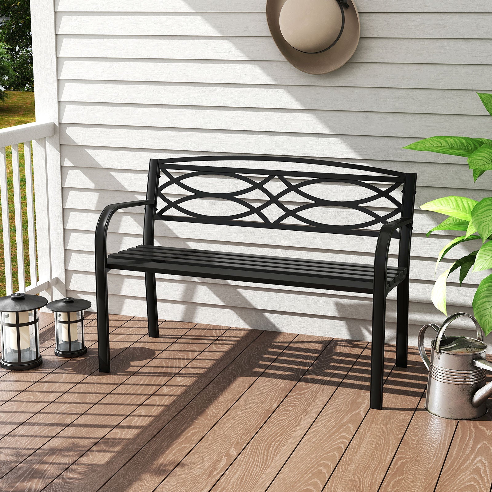Garden Bench with Curved Armrests and Backrest-Black