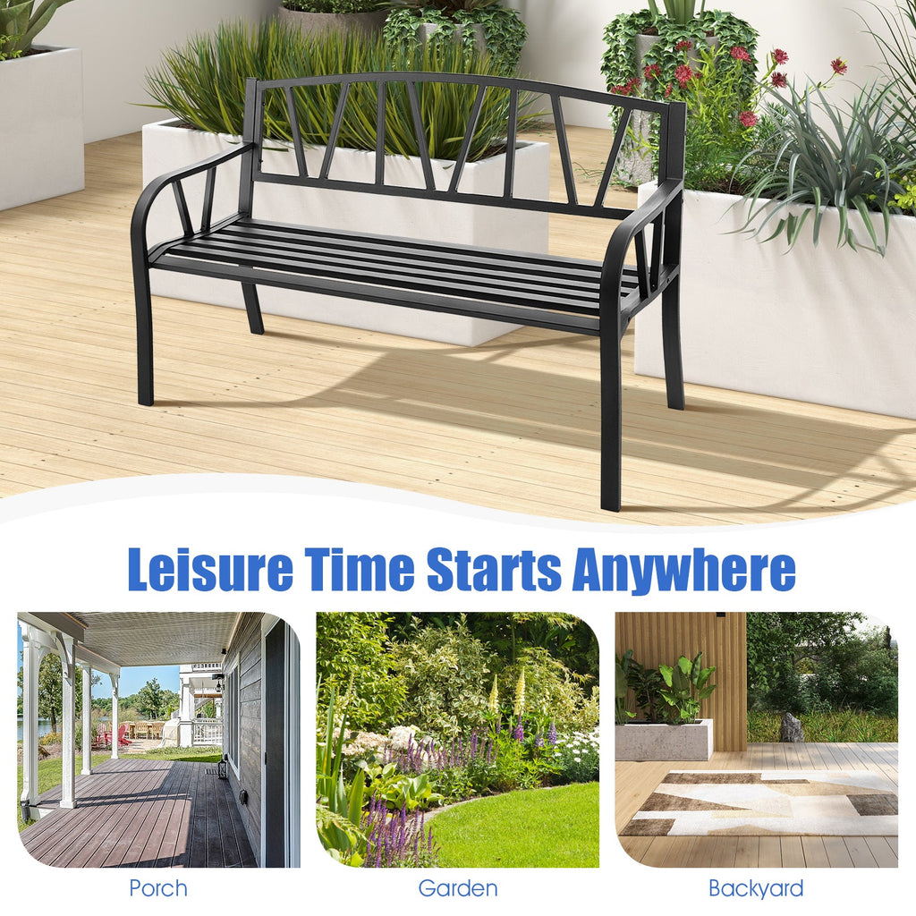 Patio Garden Bench with Metal Frame and Slatted Seat-Black
