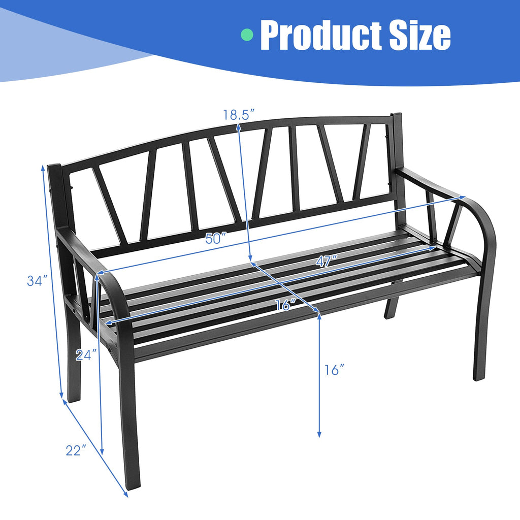 Patio Garden Bench with Metal Frame and Slatted Seat-Black