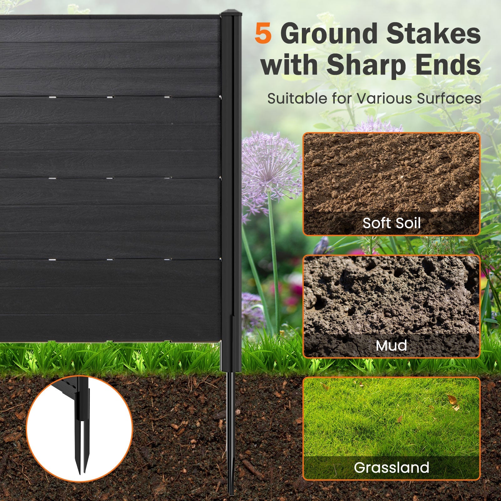 Outdoor Privacy Fence Screen with 5 Ground Stakes for Garden Yard Patio-Black