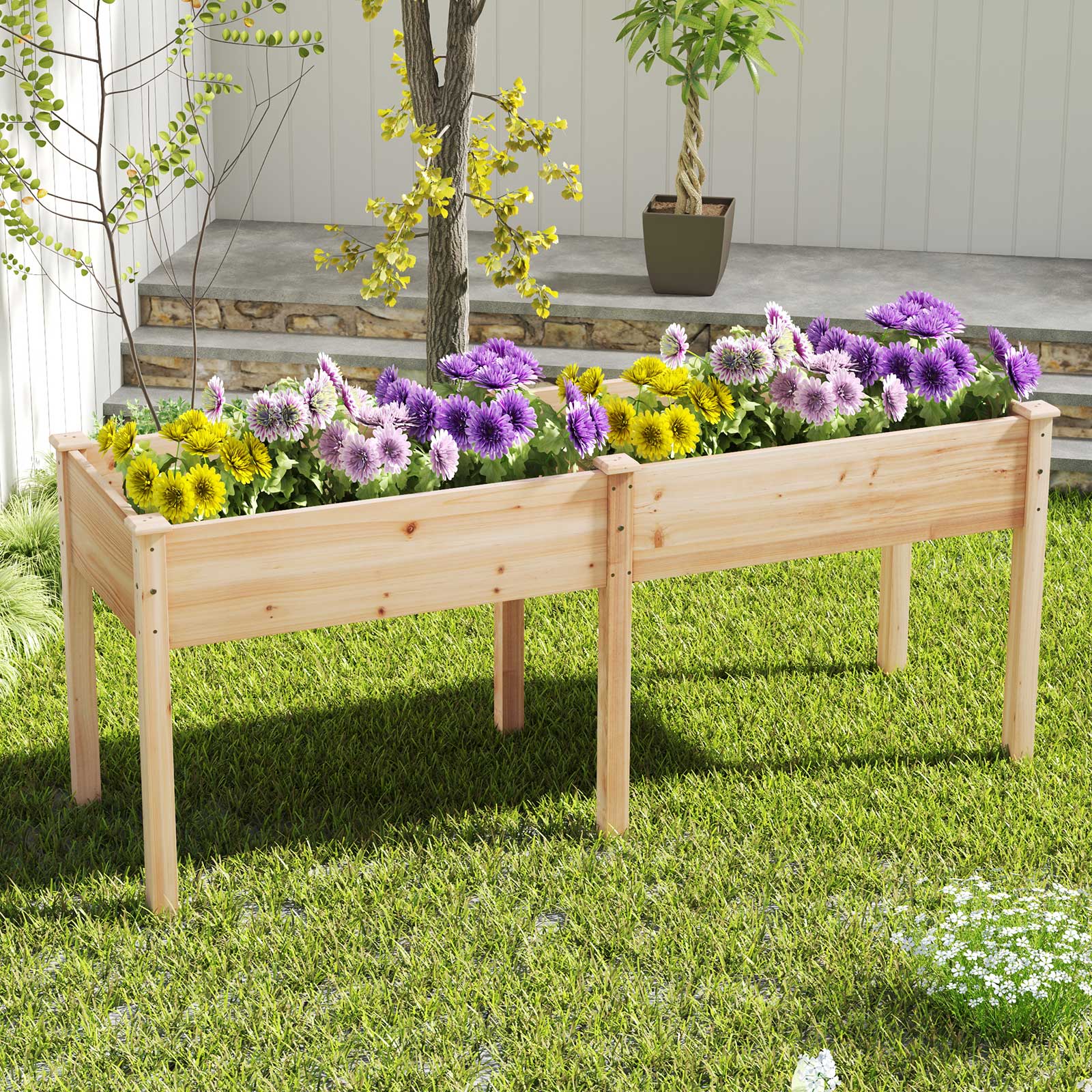 Fir Wood Outdoor Raised Garden Bed with Divider Panel and Drainage Holes-Natural