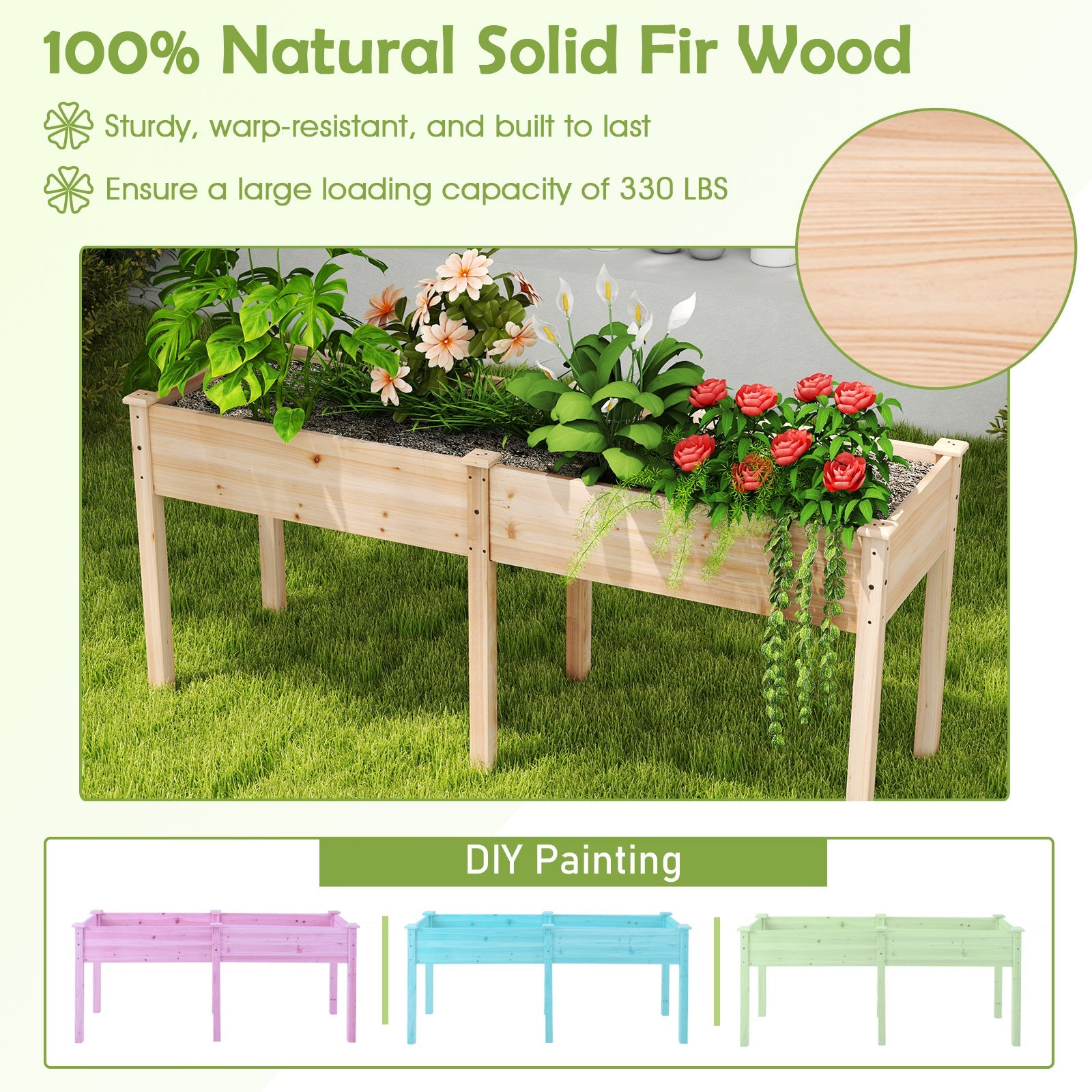 Fir Wood Outdoor Raised Garden Bed with Divider Panel and Drainage Holes-Natural