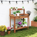 Outdoor Wooden Garden Table Work Station with Storage Shelves and Drawer-Coffee