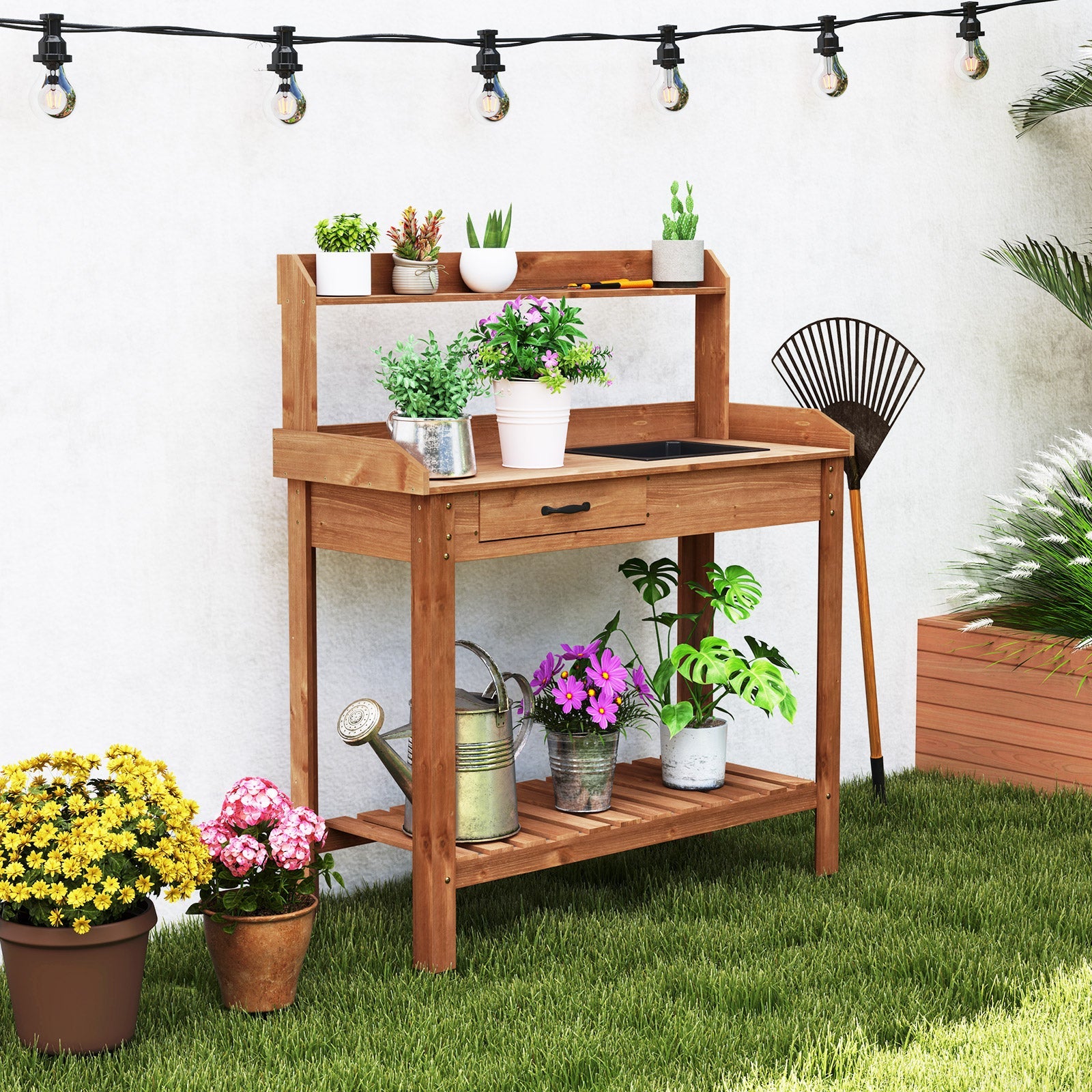 Outdoor Wooden Garden Table Work Station with Storage Shelves and Drawer-Coffee