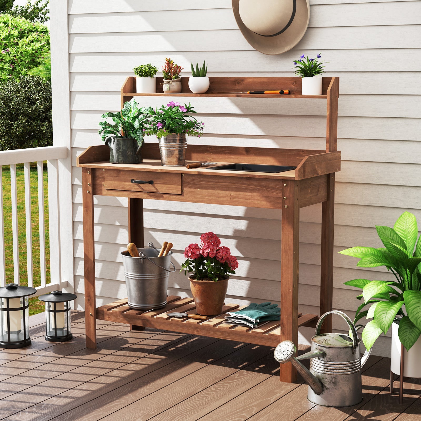 Outdoor Wooden Garden Table Work Station with Storage Shelves and Drawer-Coffee