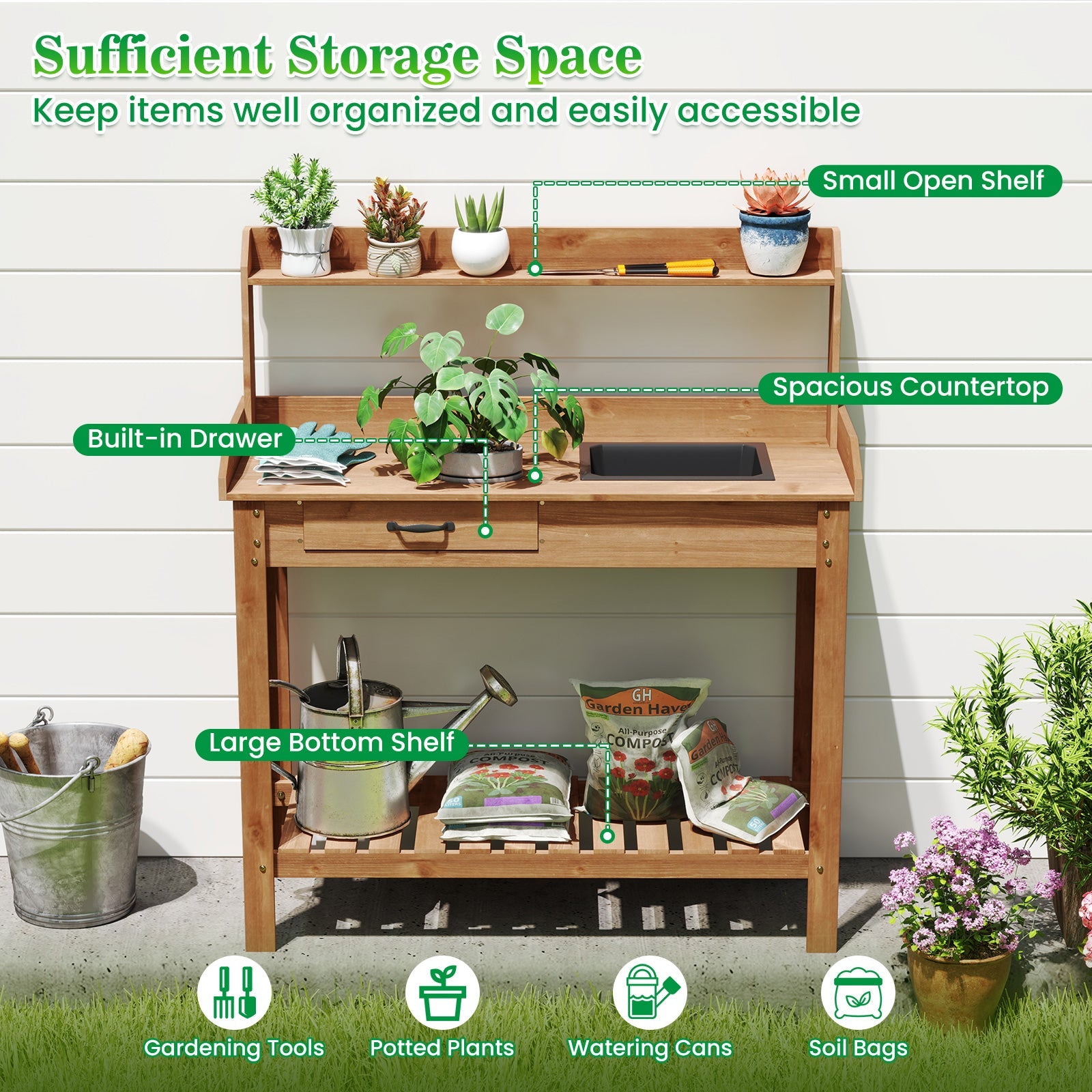 Outdoor Wooden Garden Table Work Station with Storage Shelves and Drawer-Coffee