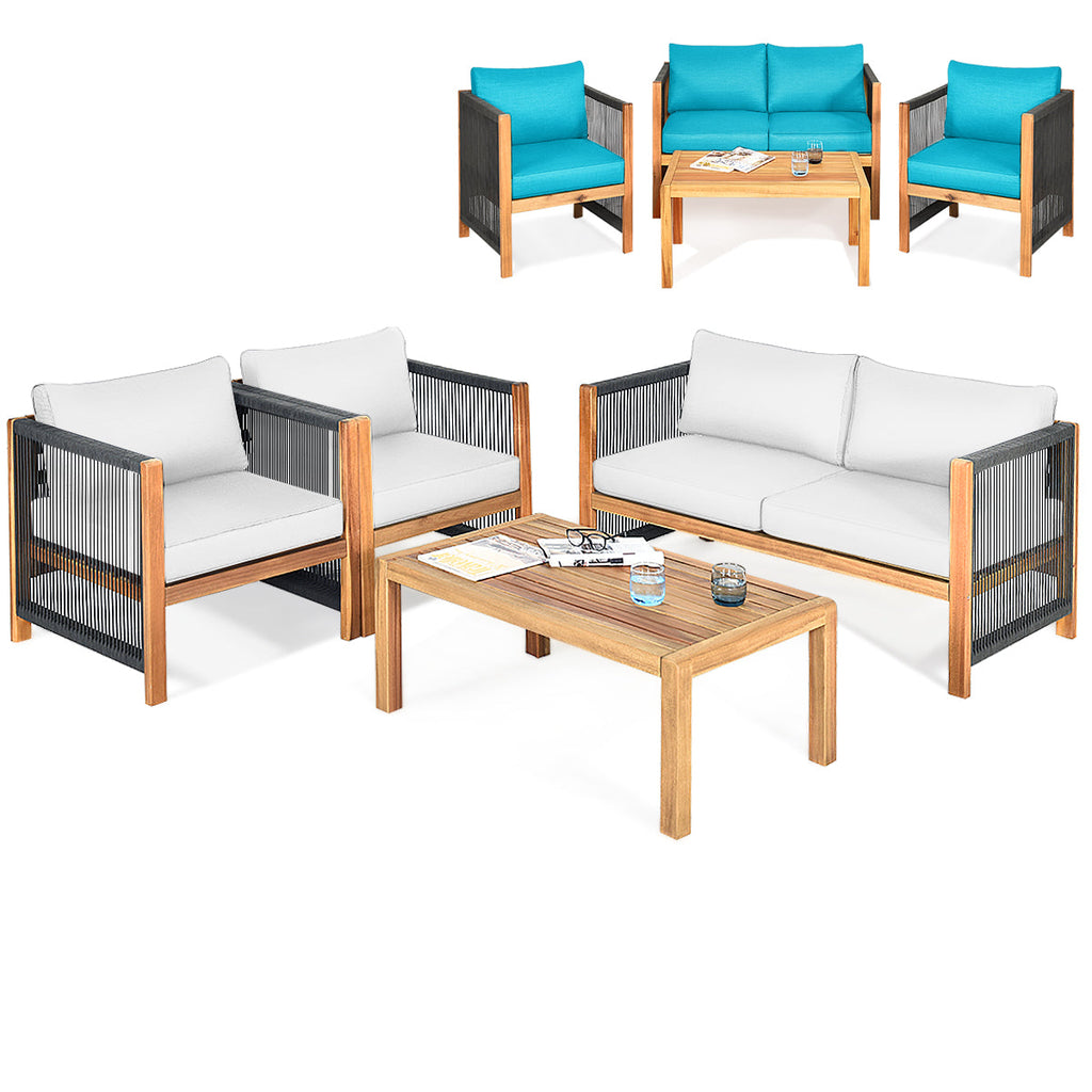 4 Pieces Wood Outdoor Patio Furniture Set with Cushions for Garden-Turquoise
