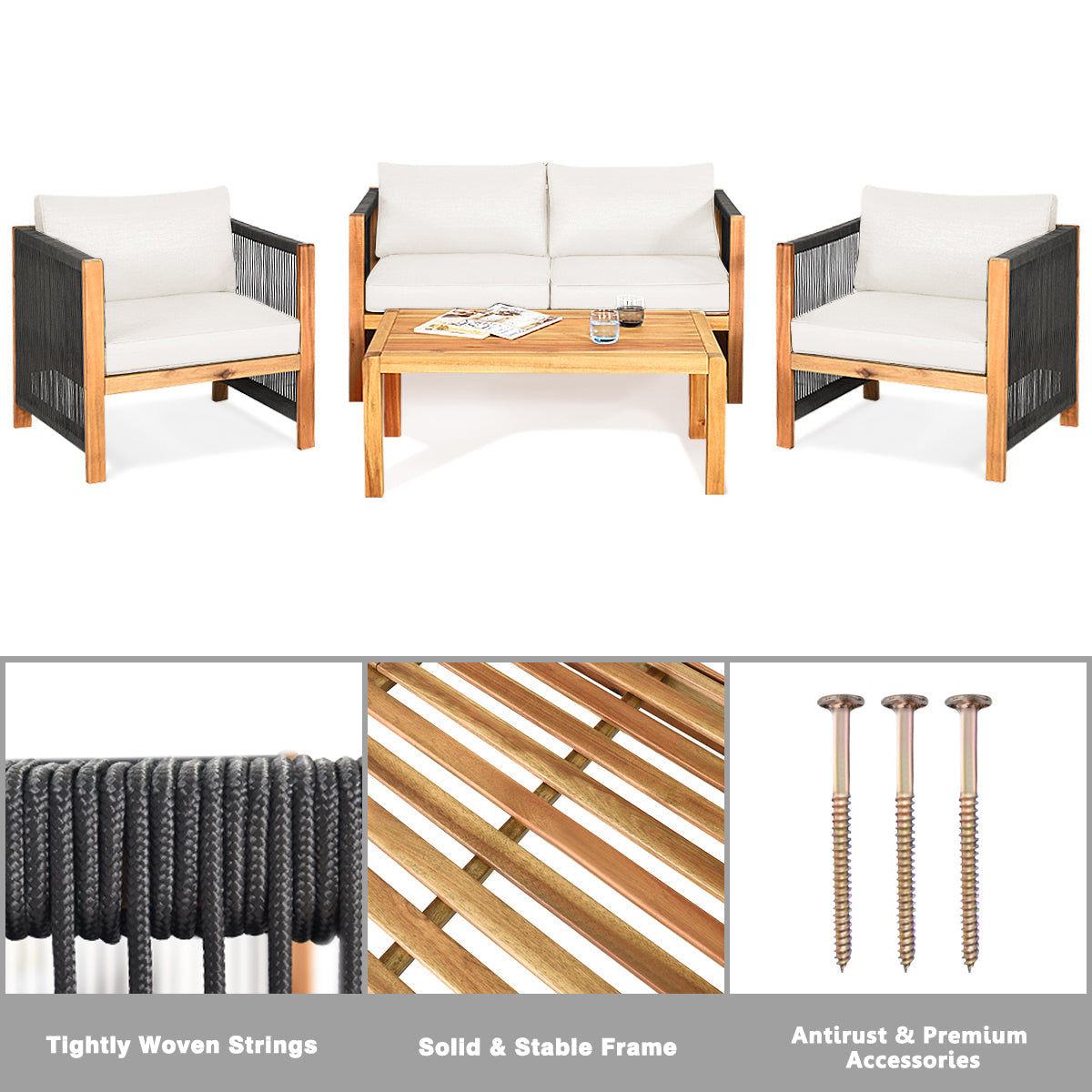 4 Pieces Wood Outdoor Patio Furniture Set with Cushions for Garden-Turquoise