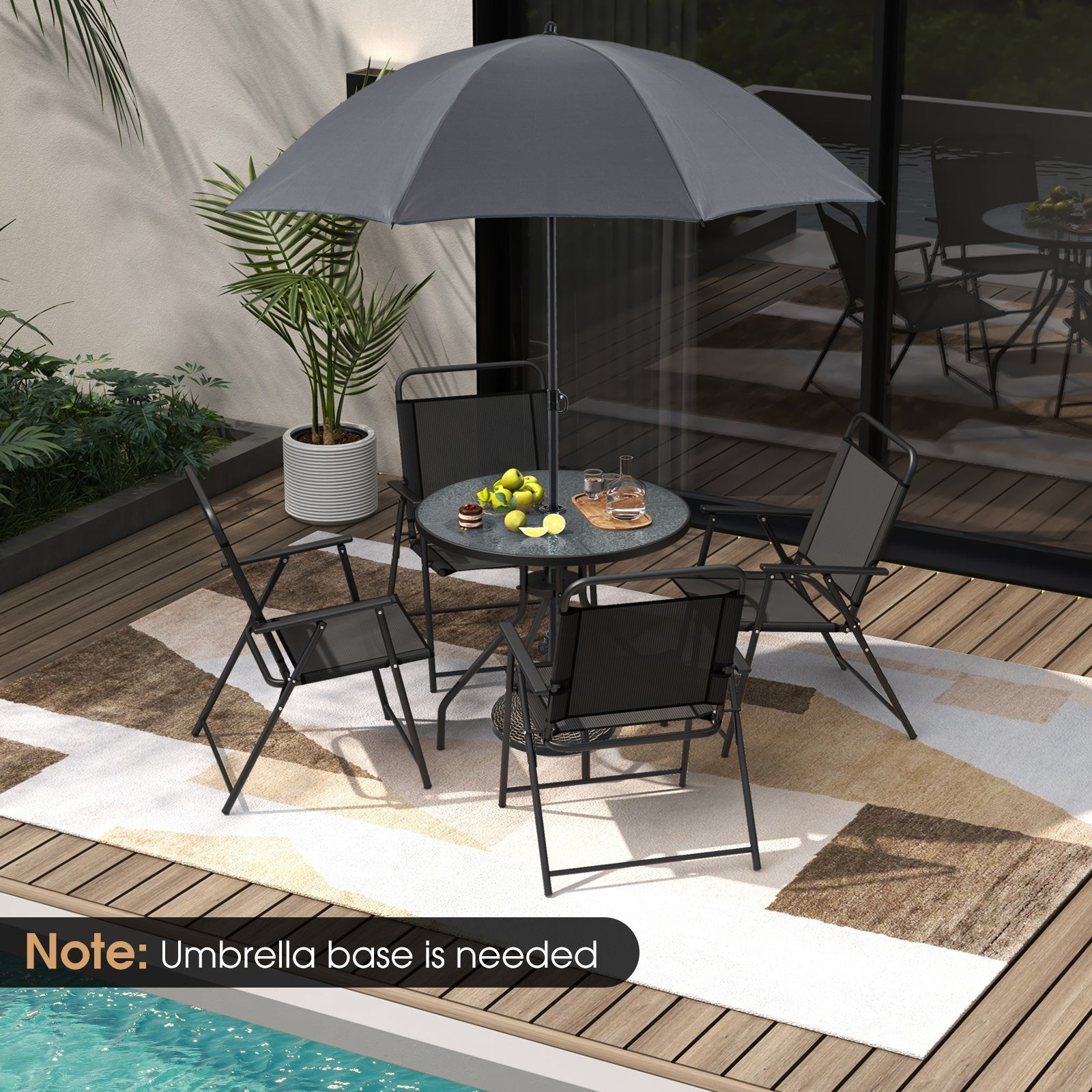 6 Pieces Patio Dining Set Folding Chairs Glass Table Tilt Umbrella for Garden-Gray