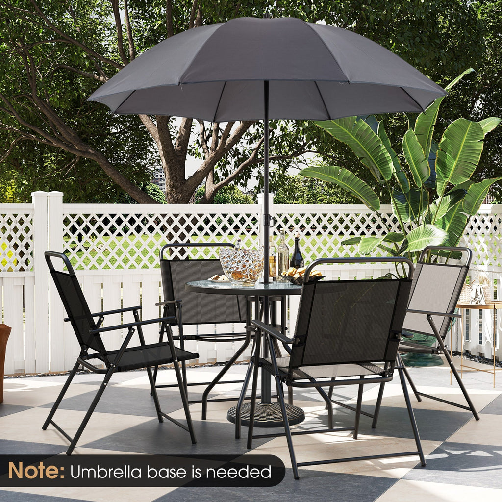 6 Pieces Patio Dining Set Folding Chairs Glass Table Tilt Umbrella for Garden-Gray
