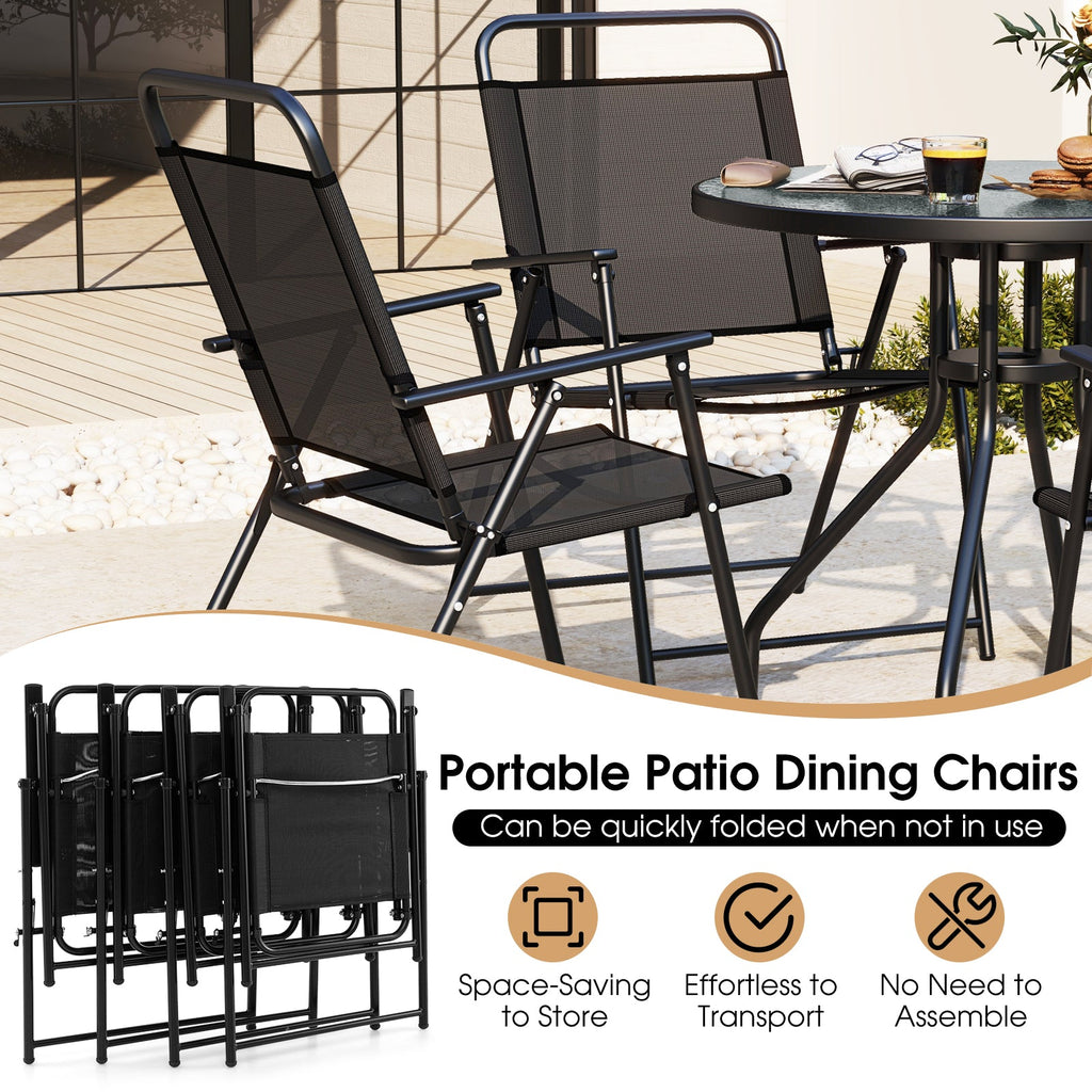 6 Pieces Patio Dining Set Folding Chairs Glass Table Tilt Umbrella for Garden-Gray