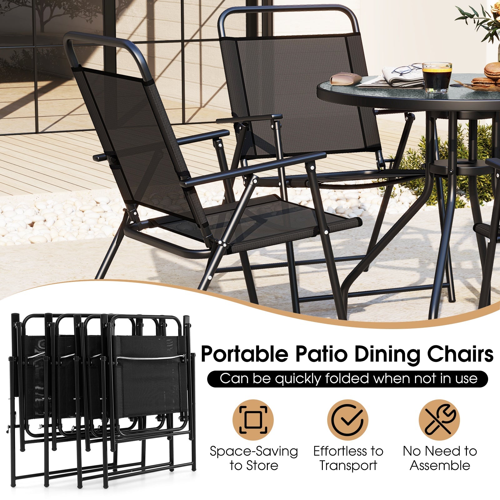 6 Pieces Patio Dining Set Folding Chairs Glass Table Tilt Umbrella for Garden-Gray