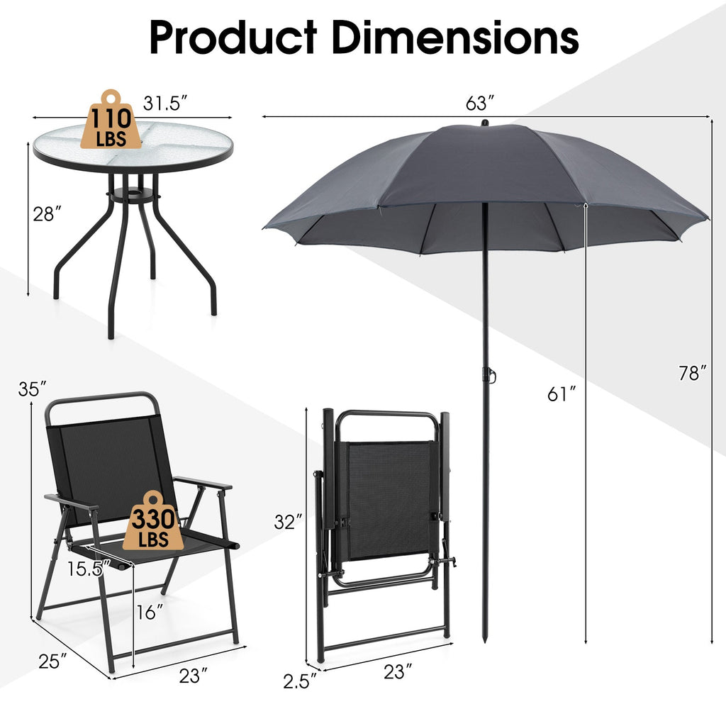 6 Pieces Patio Dining Set Folding Chairs Glass Table Tilt Umbrella for Garden-Gray