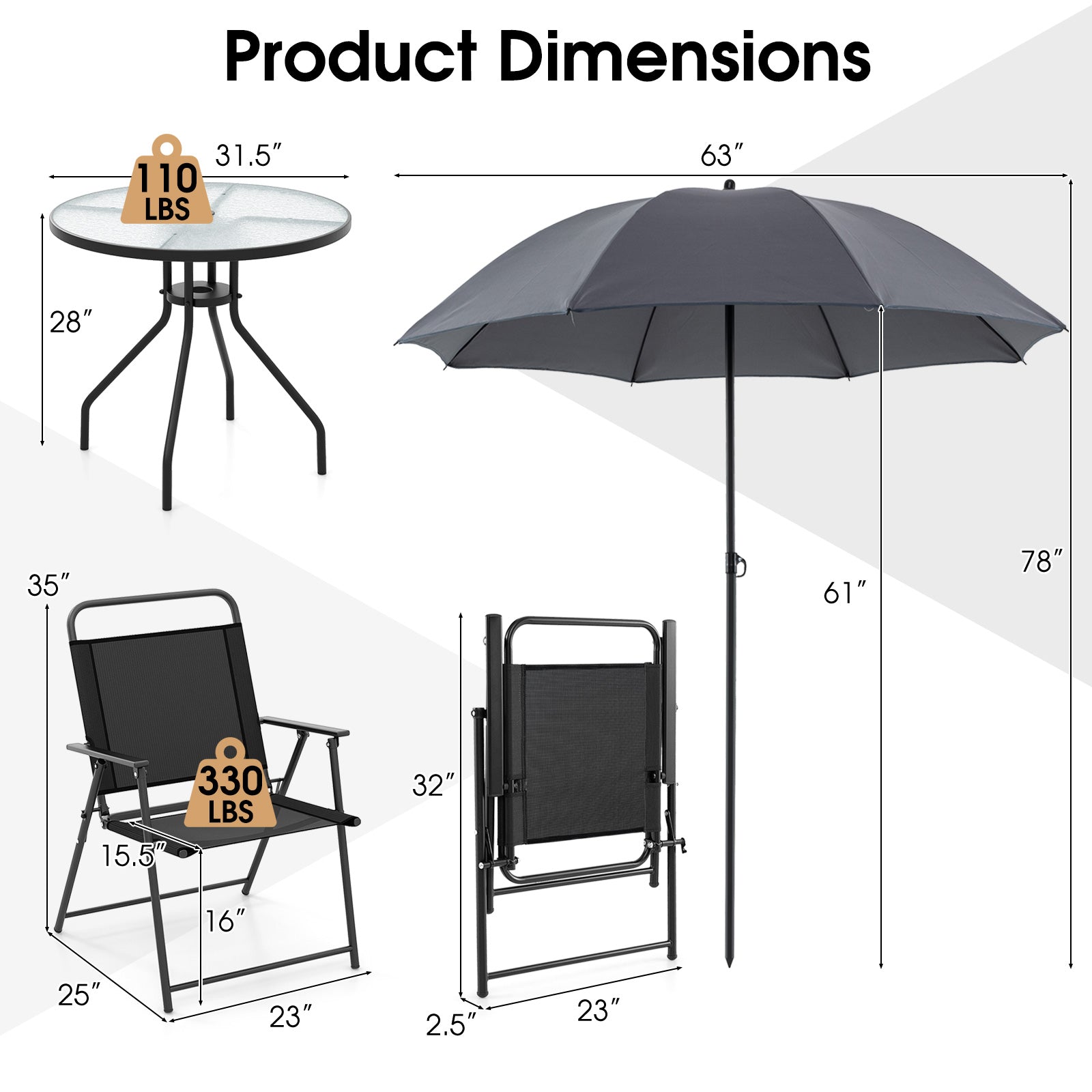 6 Pieces Patio Dining Set Folding Chairs Glass Table Tilt Umbrella for Garden-Gray
