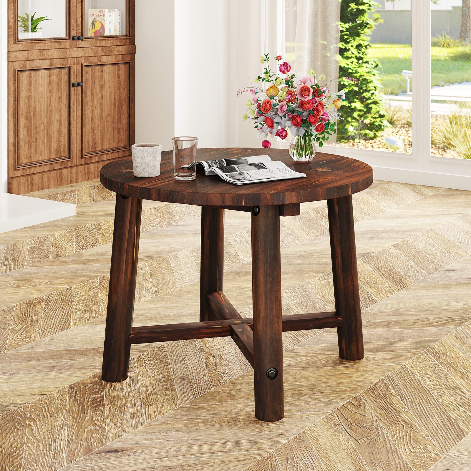 Patio End Table with Solid Wood Structure for Garden Deck Poolside and Indoors-Brown