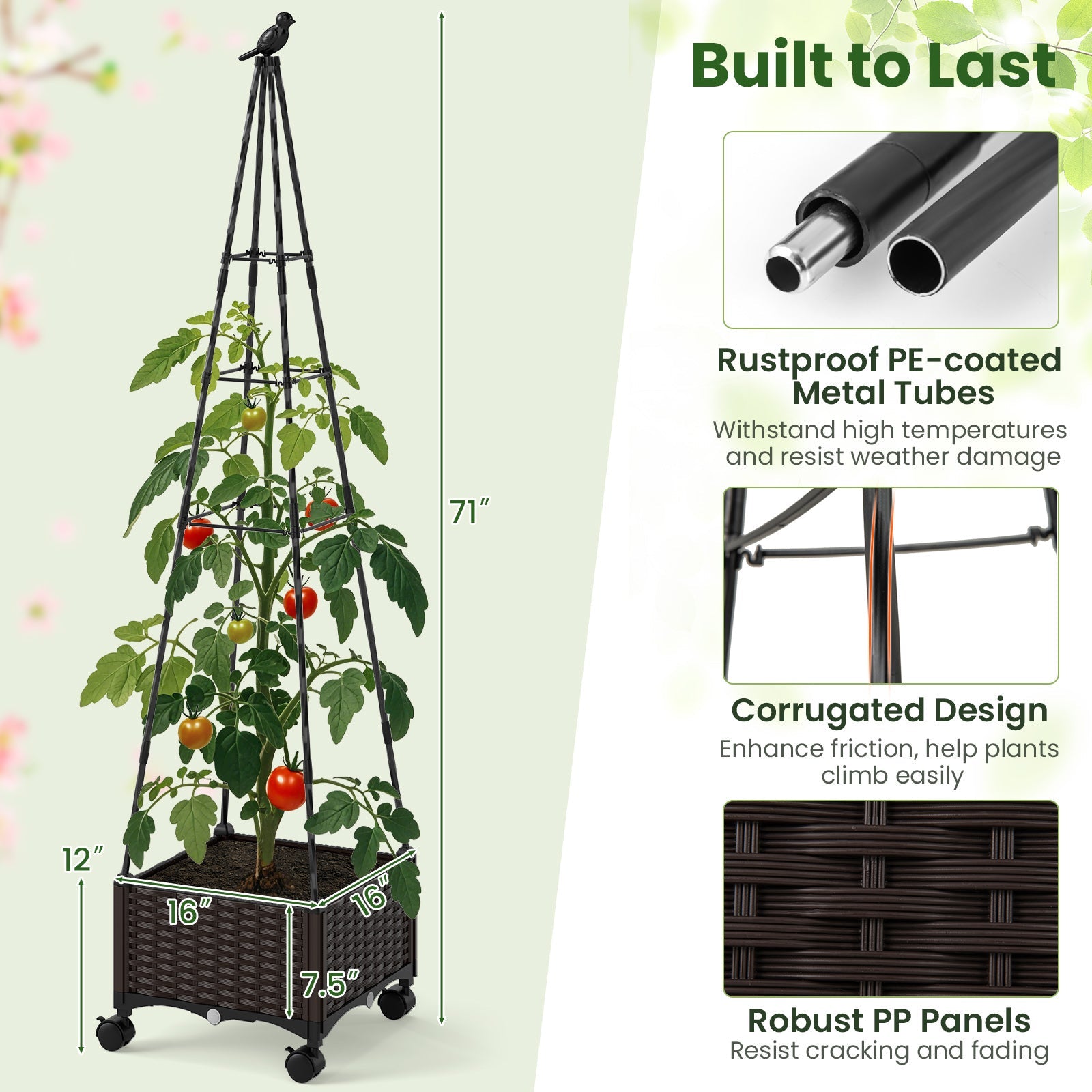 Raised Garden Bed Adjustable with Plant Box and Trellis with Lockable Wheels