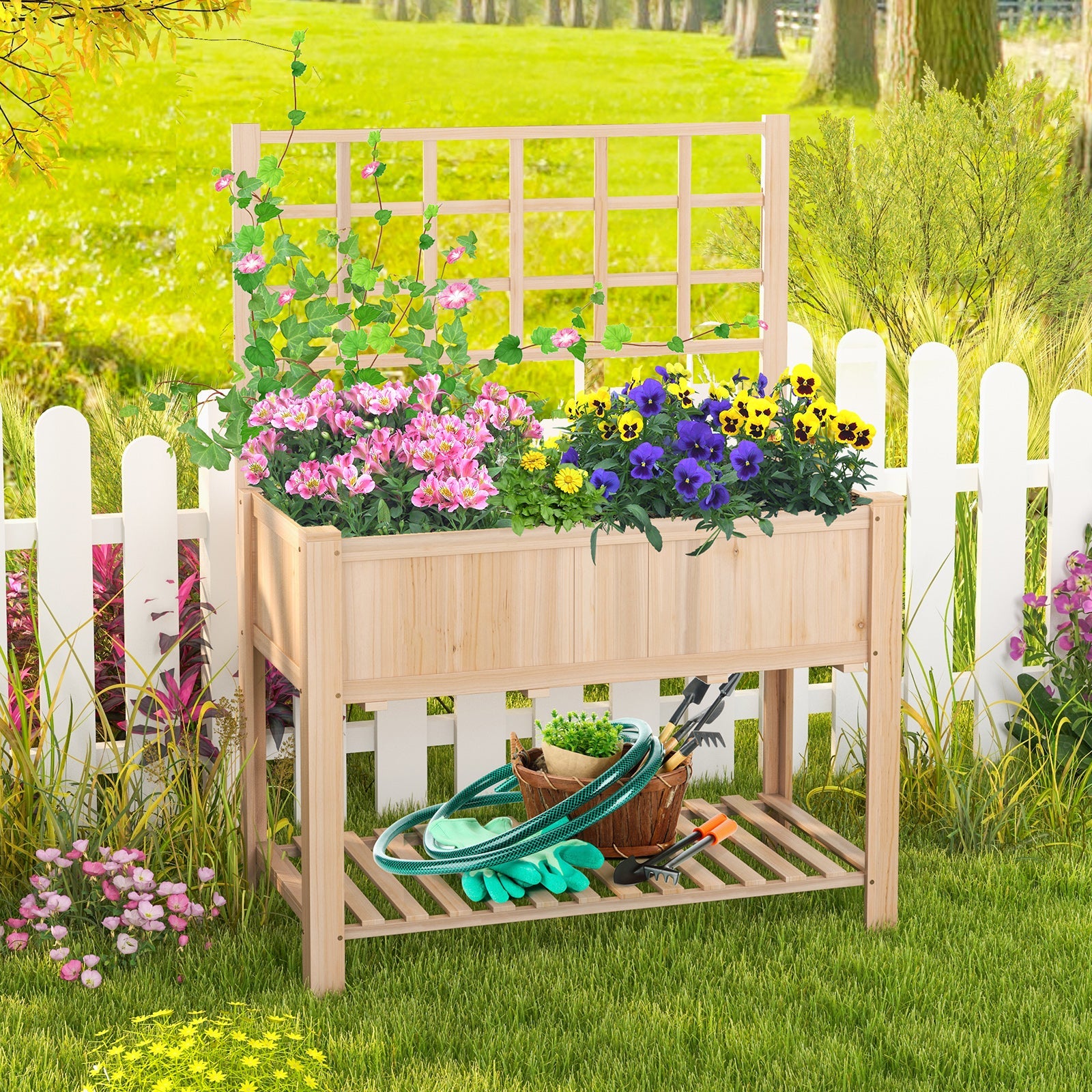 Raised Garden Bed Elevated Wooden Planter Box with Trellis