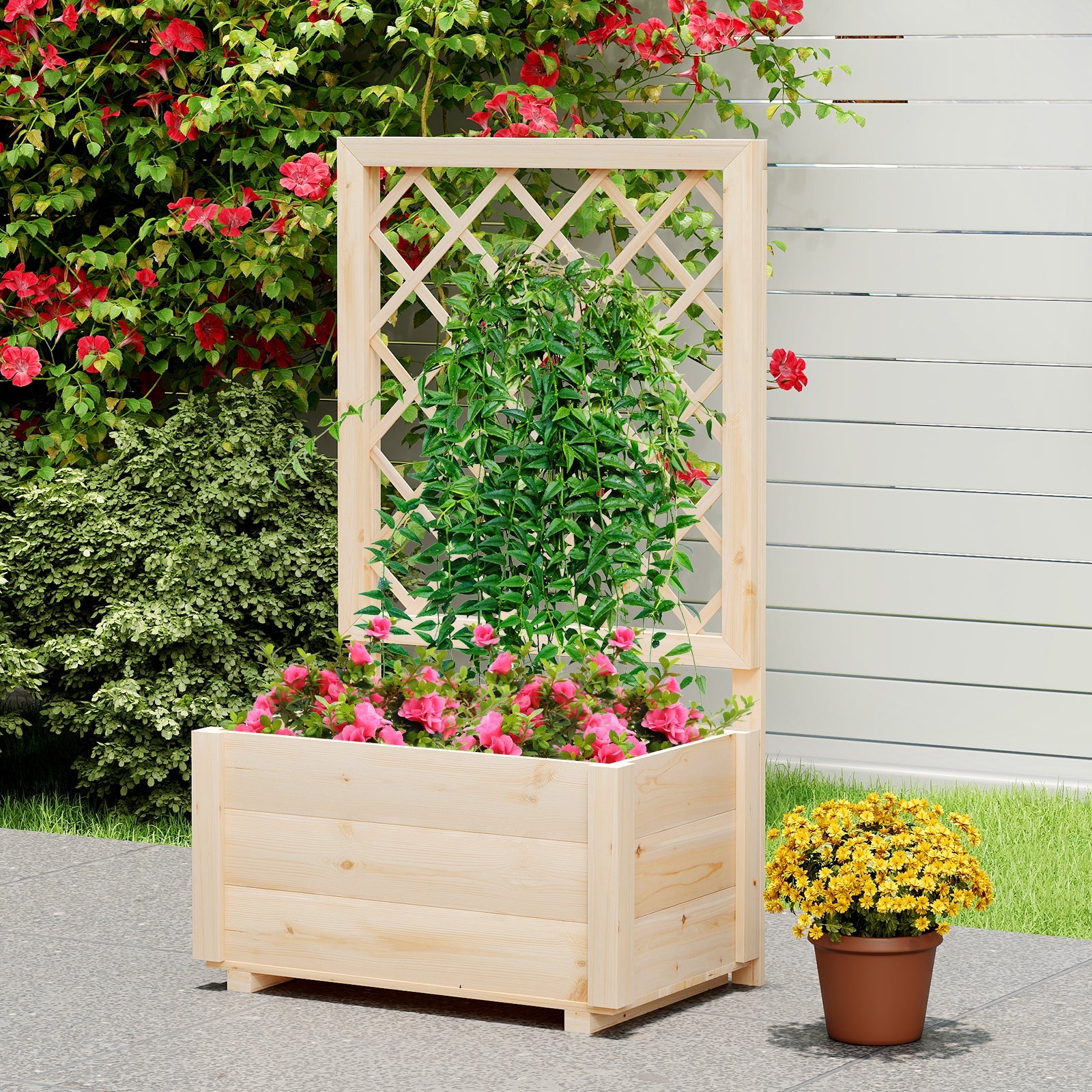 Raised Garden Bed Wooden Elevated Planter Box with Lattice Trellis-S