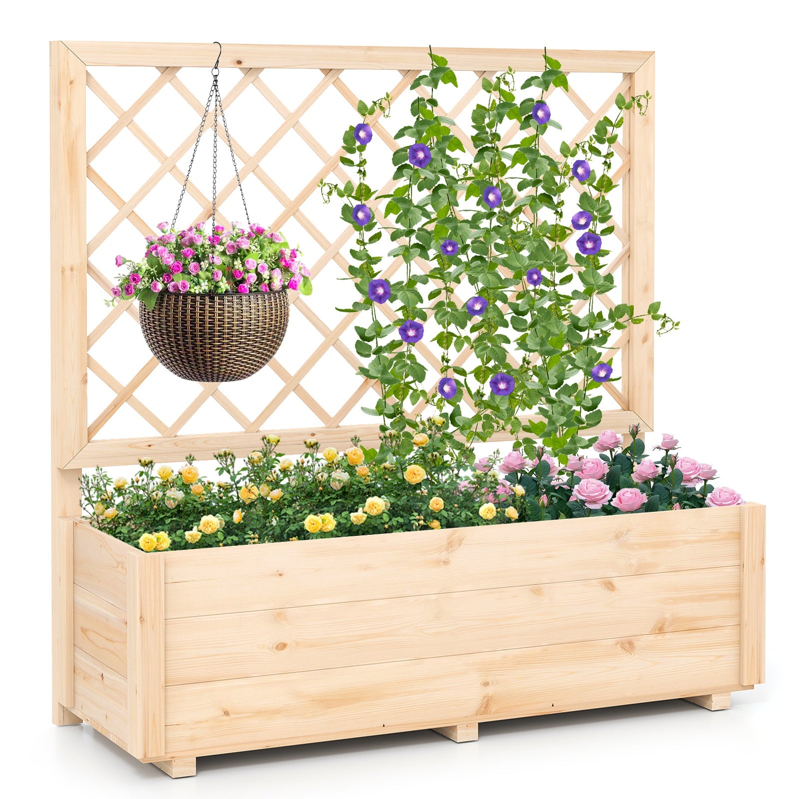 Raised Garden Bed Wooden Elevated Planter Box with Lattice Trellis-L