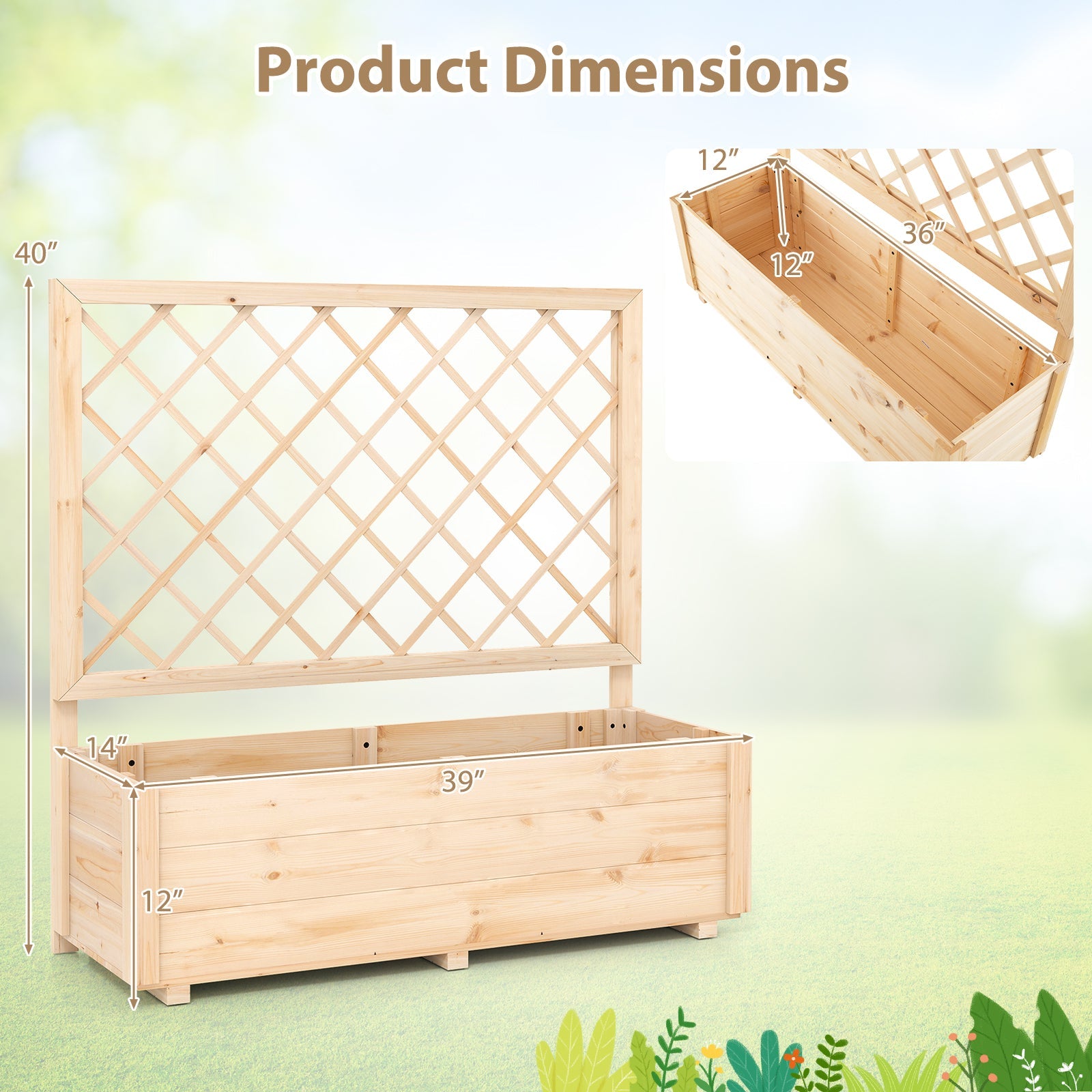 Raised Garden Bed Wooden Elevated Planter Box with Lattice Trellis-L