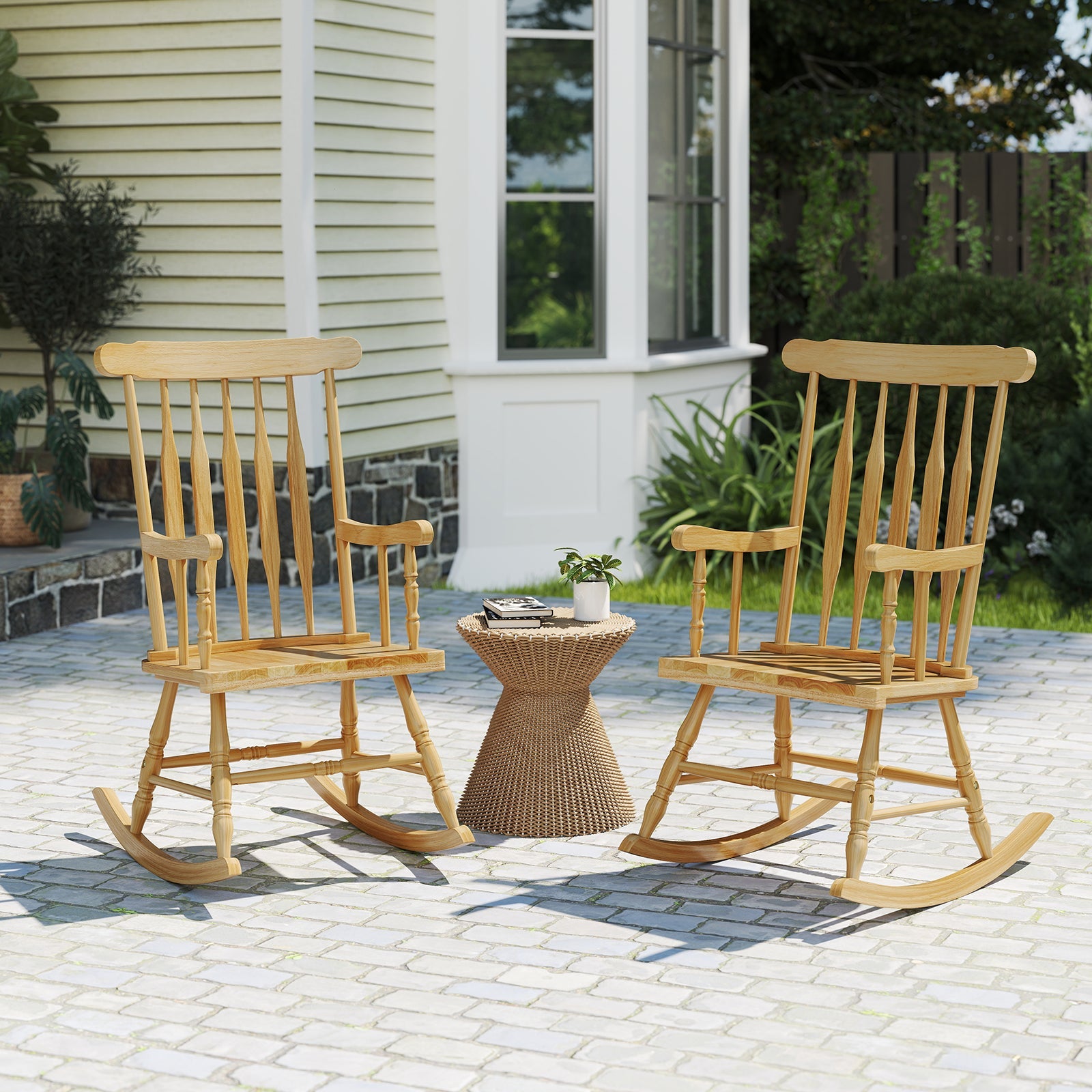Rocking Chair with Solid Wooden Frame for Garden and Patio-Natural