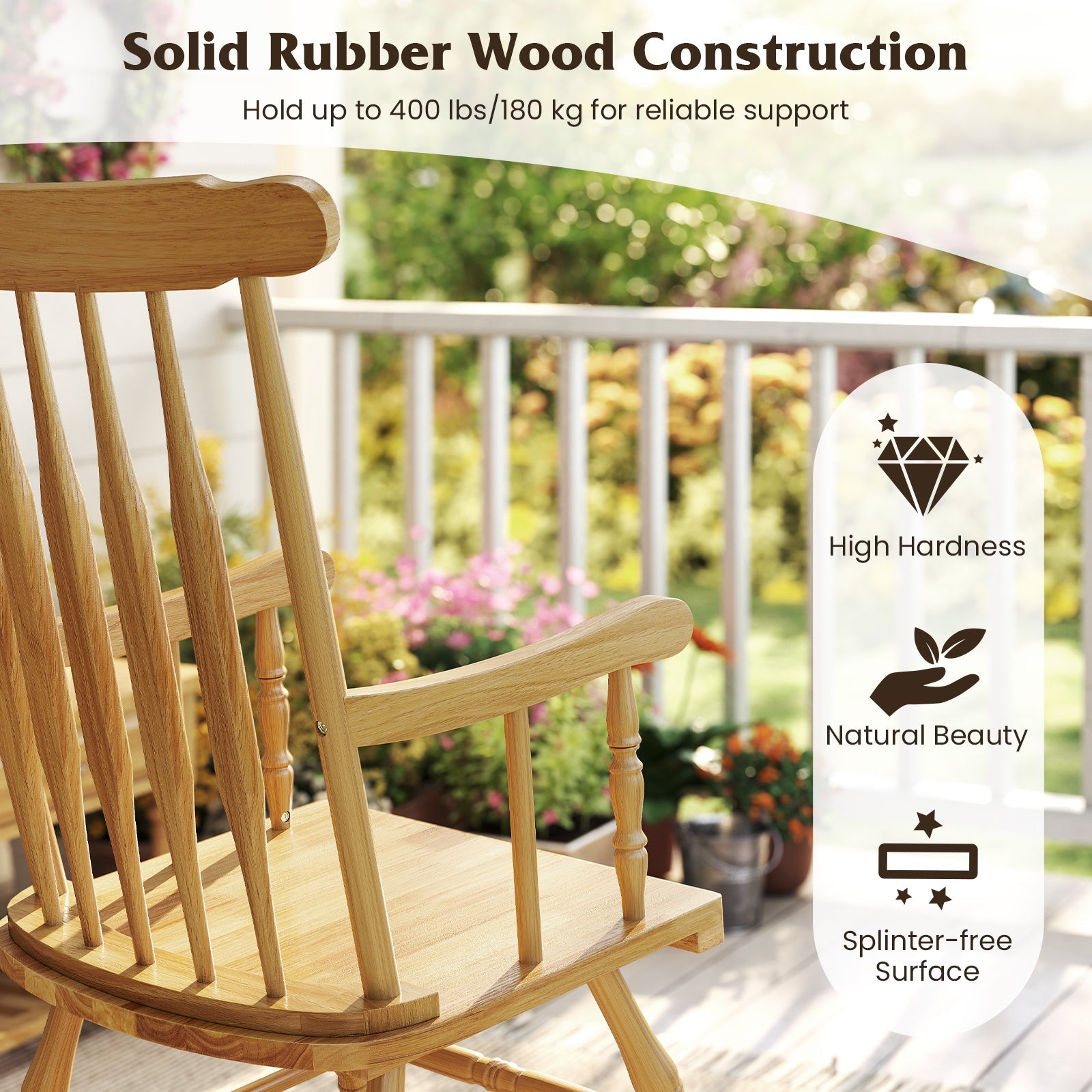 Rocking Chair with Solid Wooden Frame for Garden and Patio-Natural