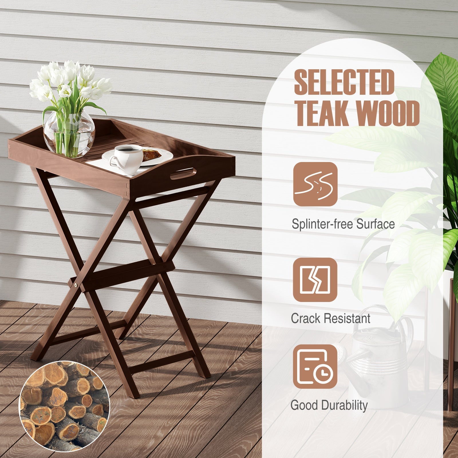 Solid Teak Wood Tray Table with Removable Tray Top for Patio and Garden