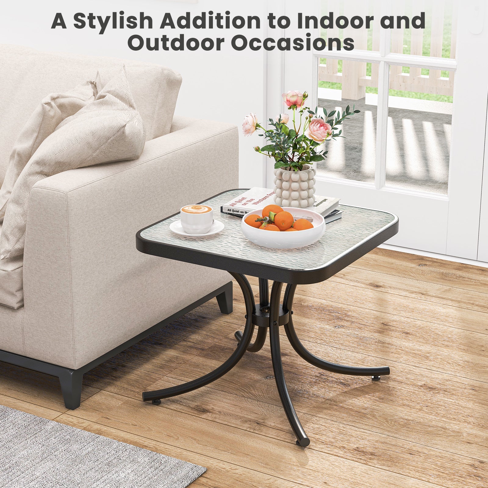 Tempered Glass Top Patio Table with Heavy-duty Metal Frame for Garden Poolside-Black