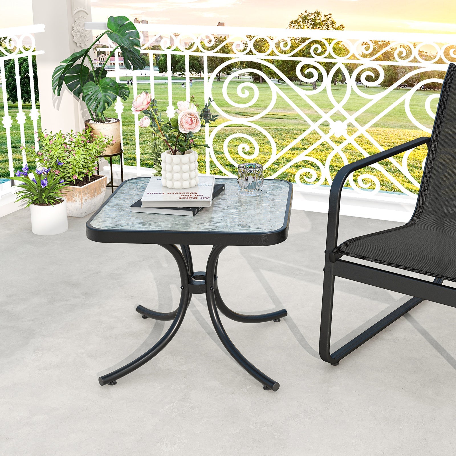 Tempered Glass Top Patio Table with Heavy-duty Metal Frame for Garden Poolside-Black