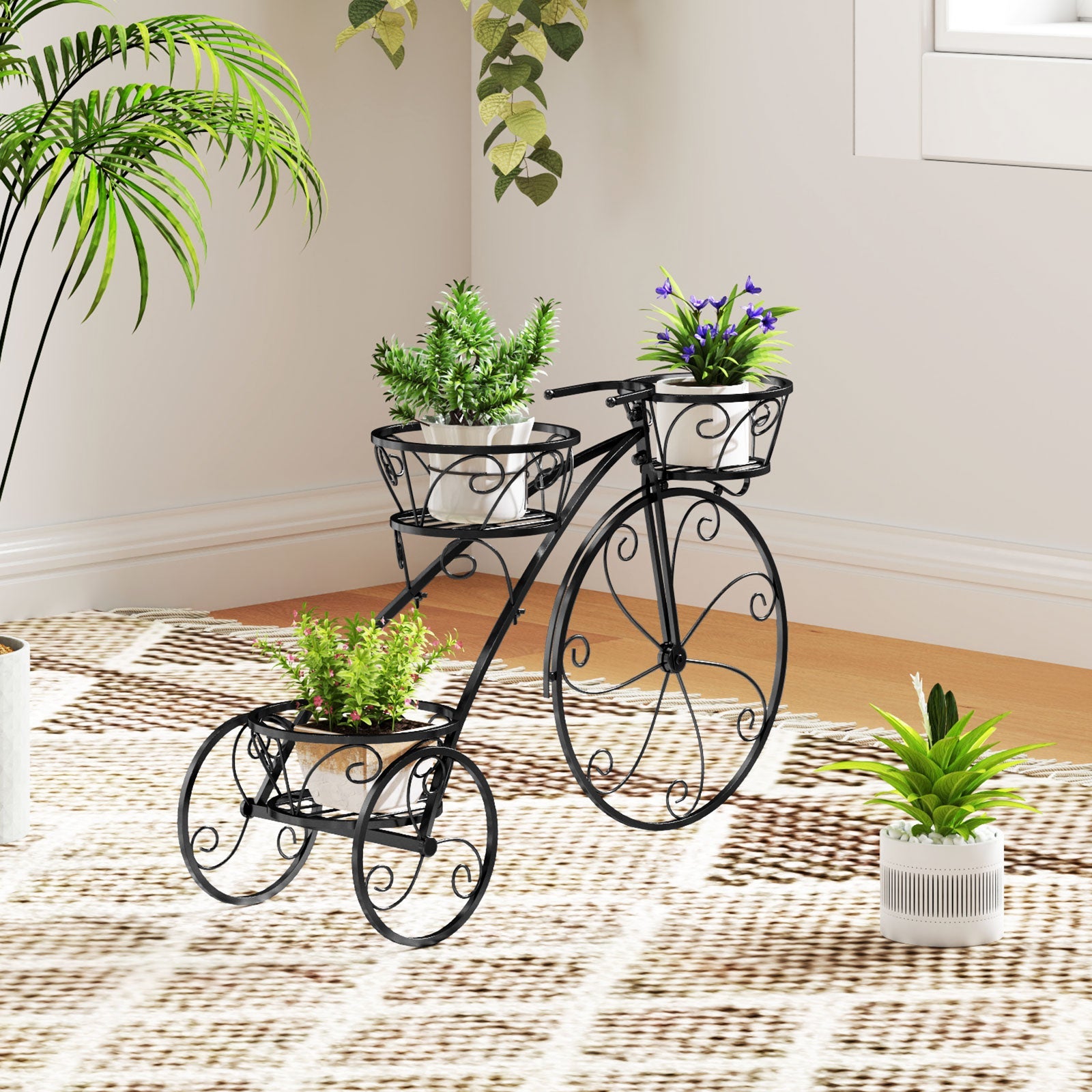 Tricycle Plant Stand Flower Pot Cart Holder with 3 Hollowed Baskets-Black