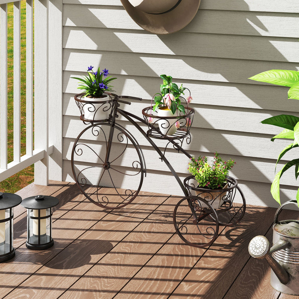 Tricycle Plant Stand Flower Pot Cart Holder with 3 Hollowed Baskets-Bronze