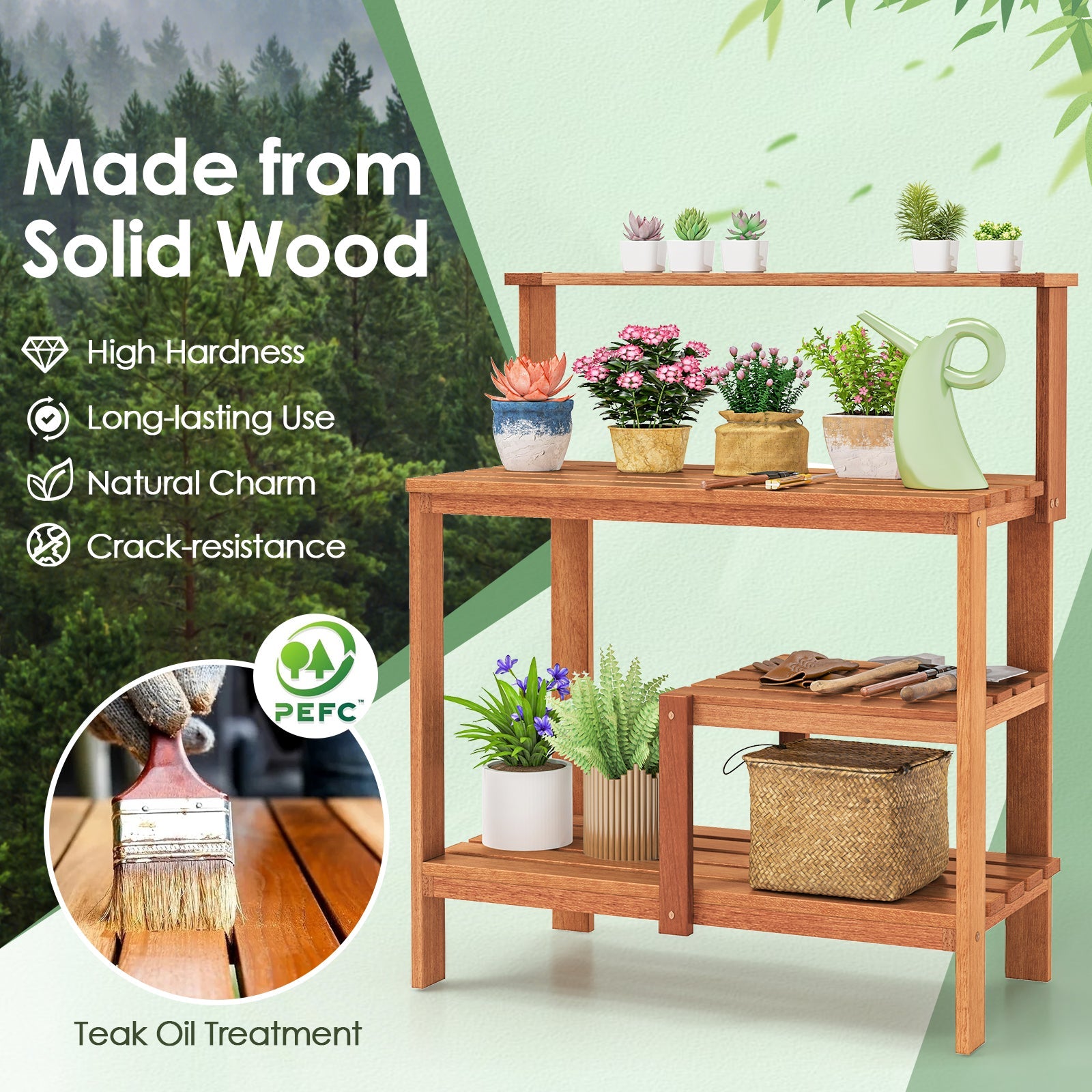 Outdoor Garden Potting Wood Planting Workstation with Open Shelves