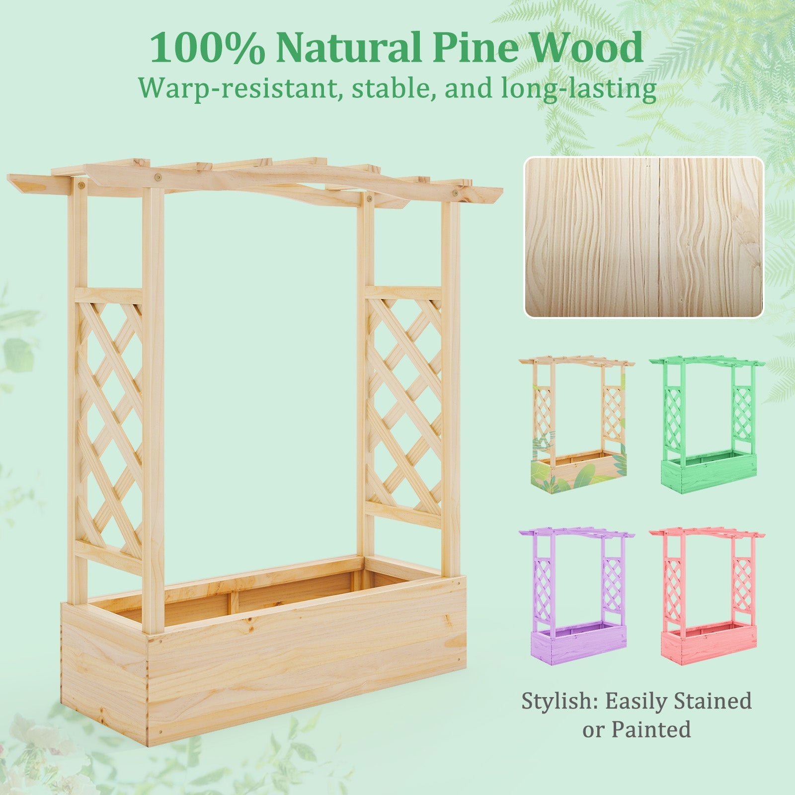 Wooden Raised Garden Bed Planter Box with Trellis and Hanging Roof